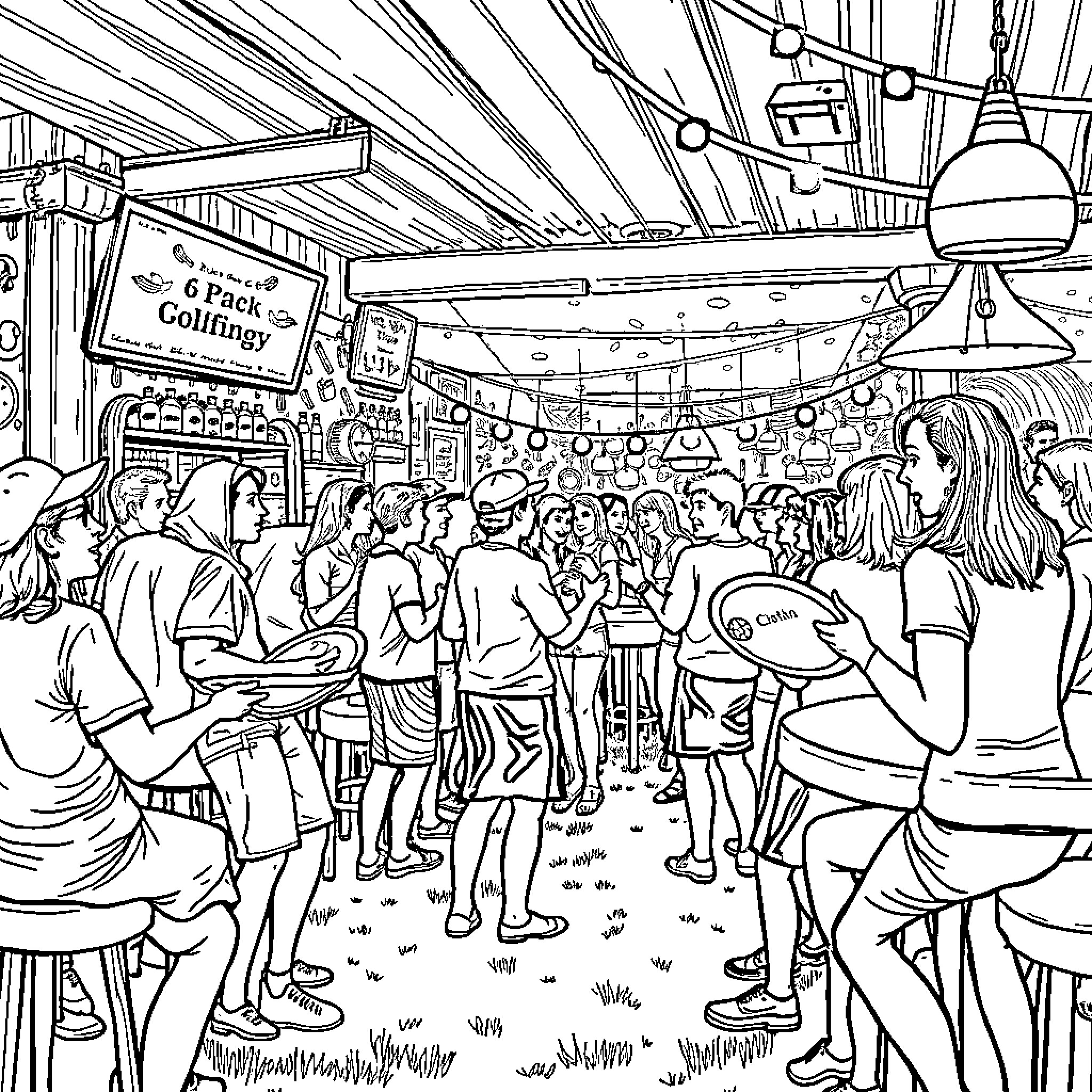 Disc Golf Tournament in a Lively Venue Coloring Page (free black-and-white line drawing printable PDF for all, from beginners to advanced learners, including children, teens, adults, and seniors)