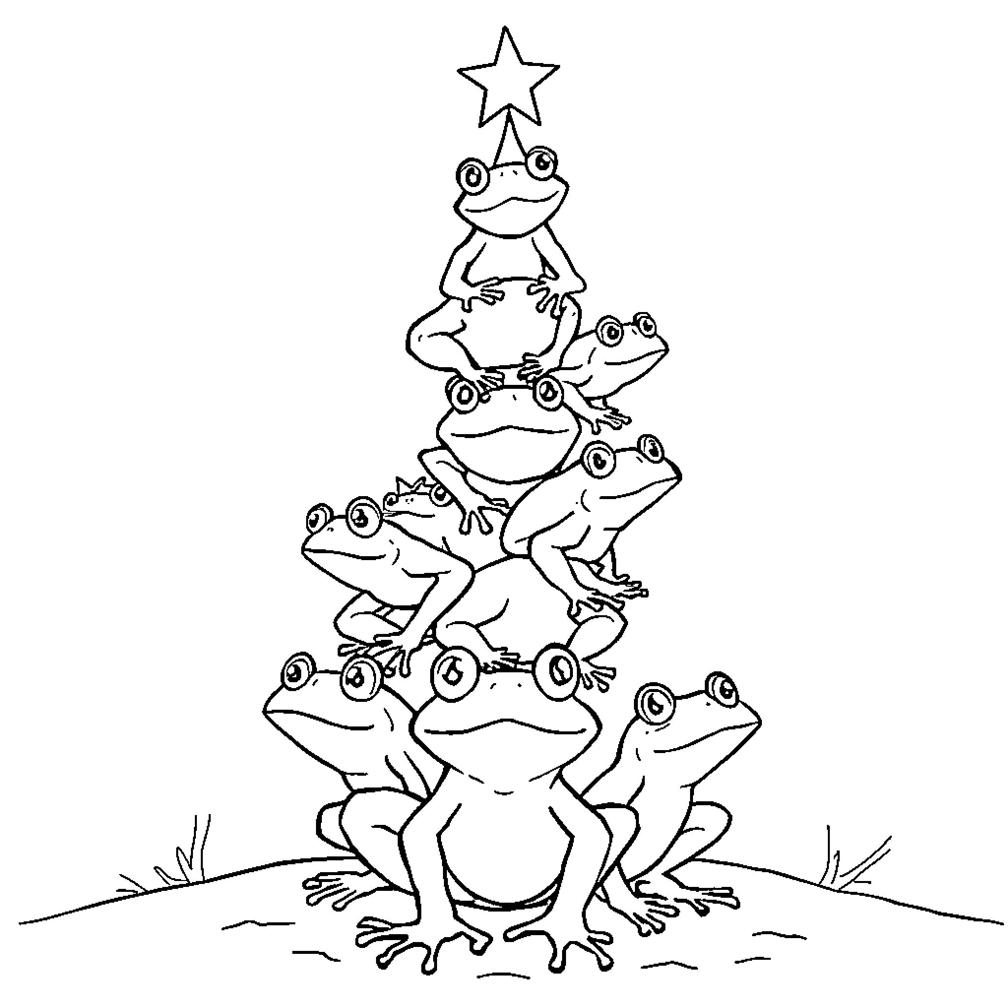 Frog friends stacking up for the holidays Coloring Page (free black-and-white line drawing printable PDF for all, from beginners to advanced learners, including children, teens, adults, and seniors)