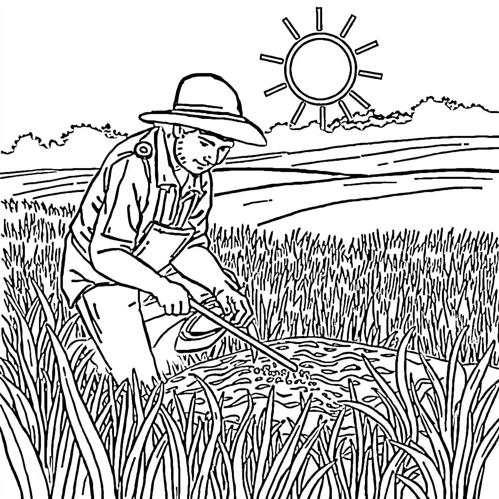Toilin' in the Countryside Coloring Page (free black-and-white line drawing printable PDF for all, from beginners to advanced learners, including children, teens, adults, and seniors)