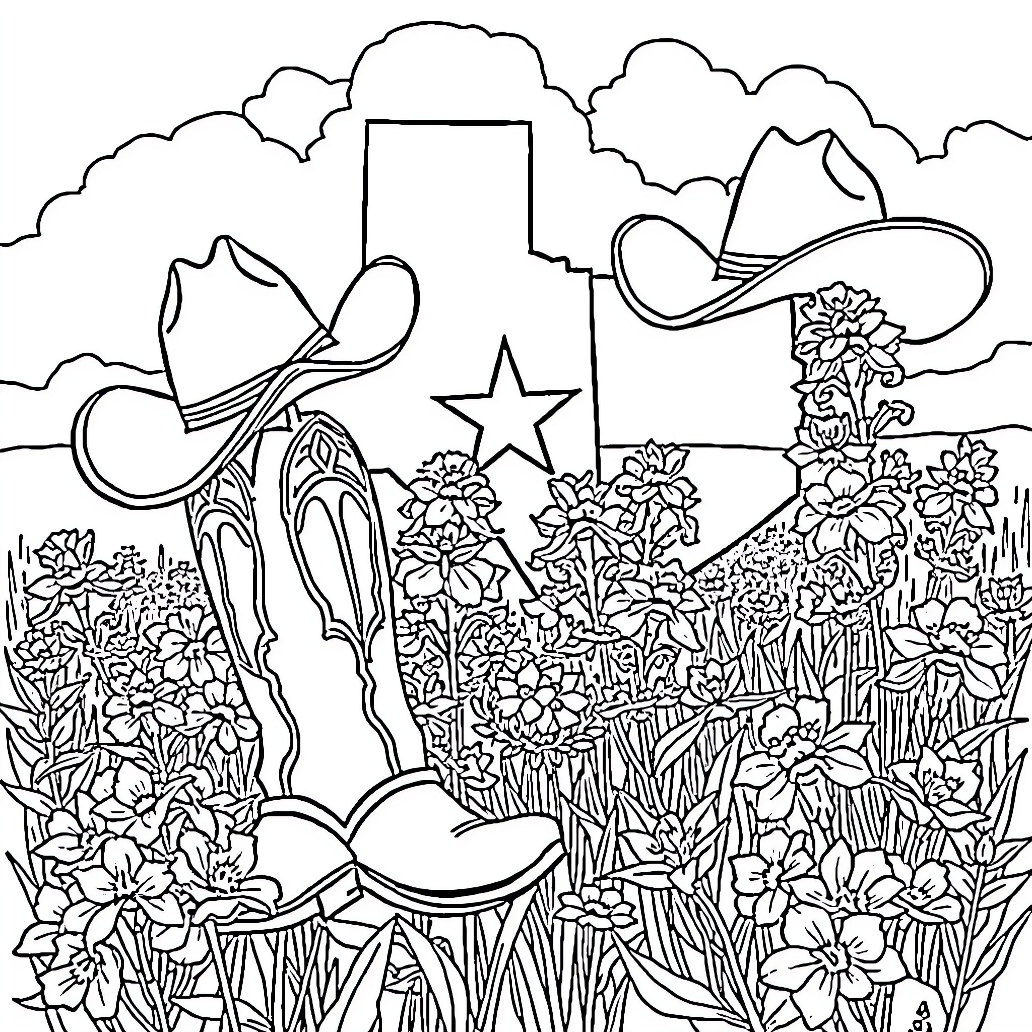 Texas Countryside with Cowboy Gear and Floral Elements Coloring Page (free black-and-white line drawing printable PDF for all, from beginners to advanced learners, including children, teens, adults, and seniors)
