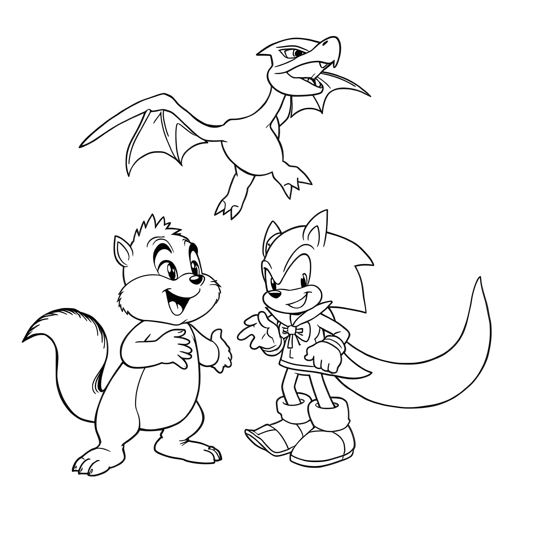 Chipmunk friends playing with mythical creature Coloring Page (free black-and-white line drawing printable PDF for all, from beginners to advanced learners, including children, teens, adults, and seniors)
