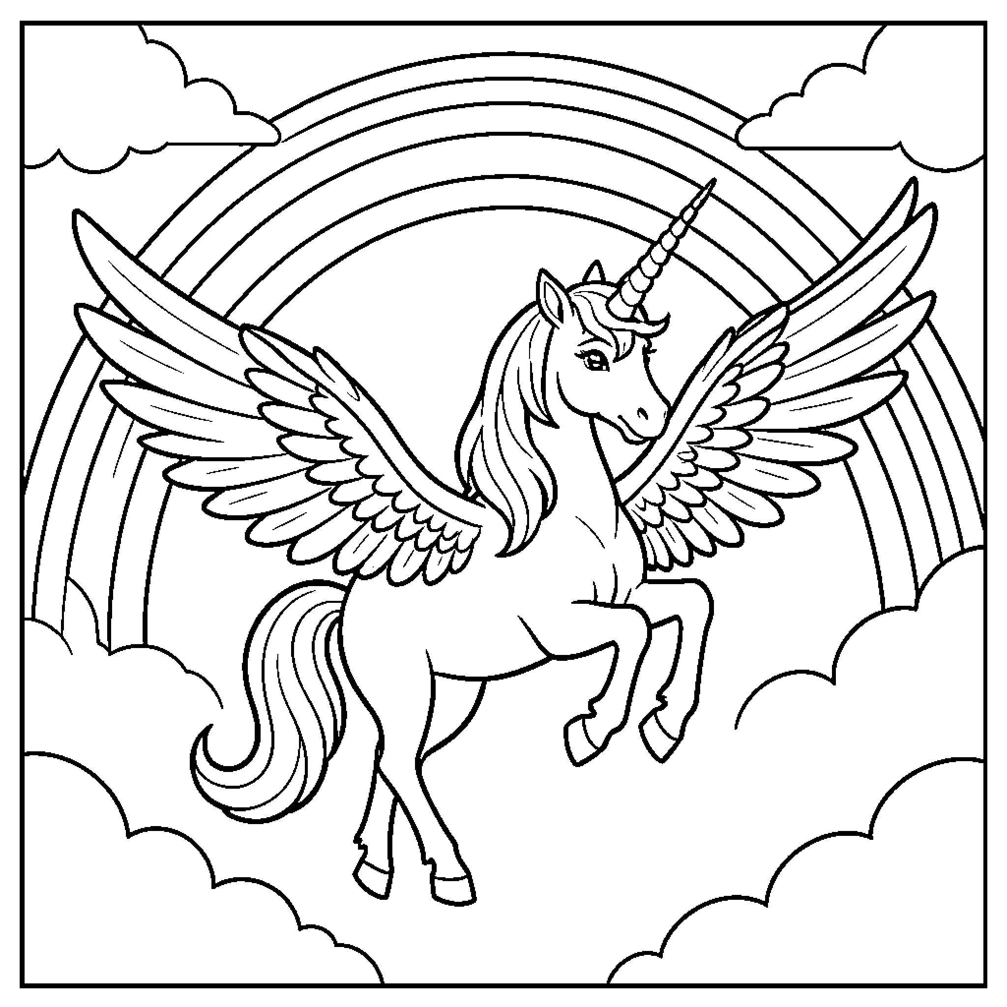 Unicorn flying amidst clouds and rainbows Coloring Page (free black-and-white line drawing printable PDF for all, from beginners to advanced learners, including children, teens, adults, and seniors)