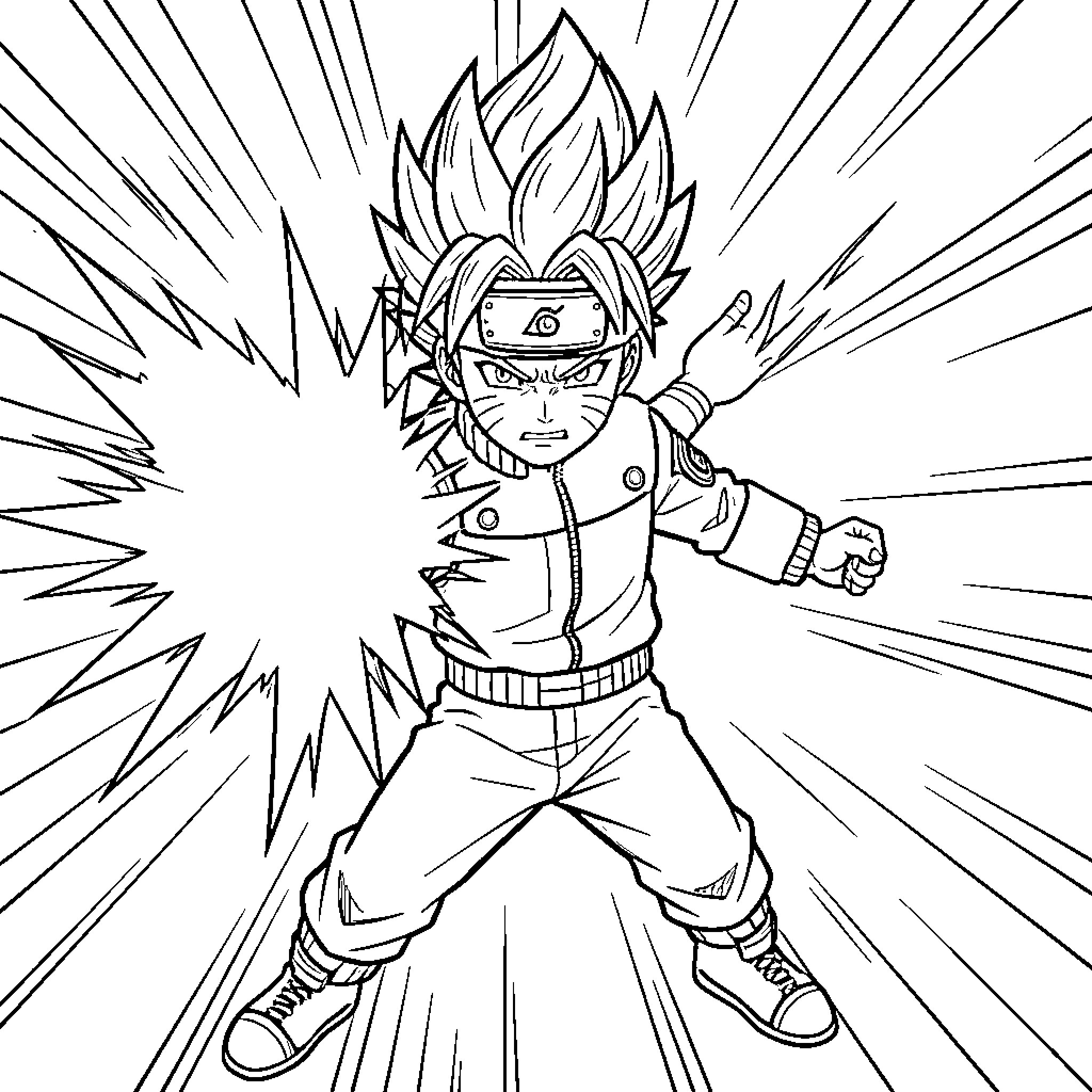 Naruto character charging an energy blast with intense expression Coloring Page (free black-and-white line drawing printable PDF for all, from beginners to advanced learners, including children, teens, adults, and seniors)