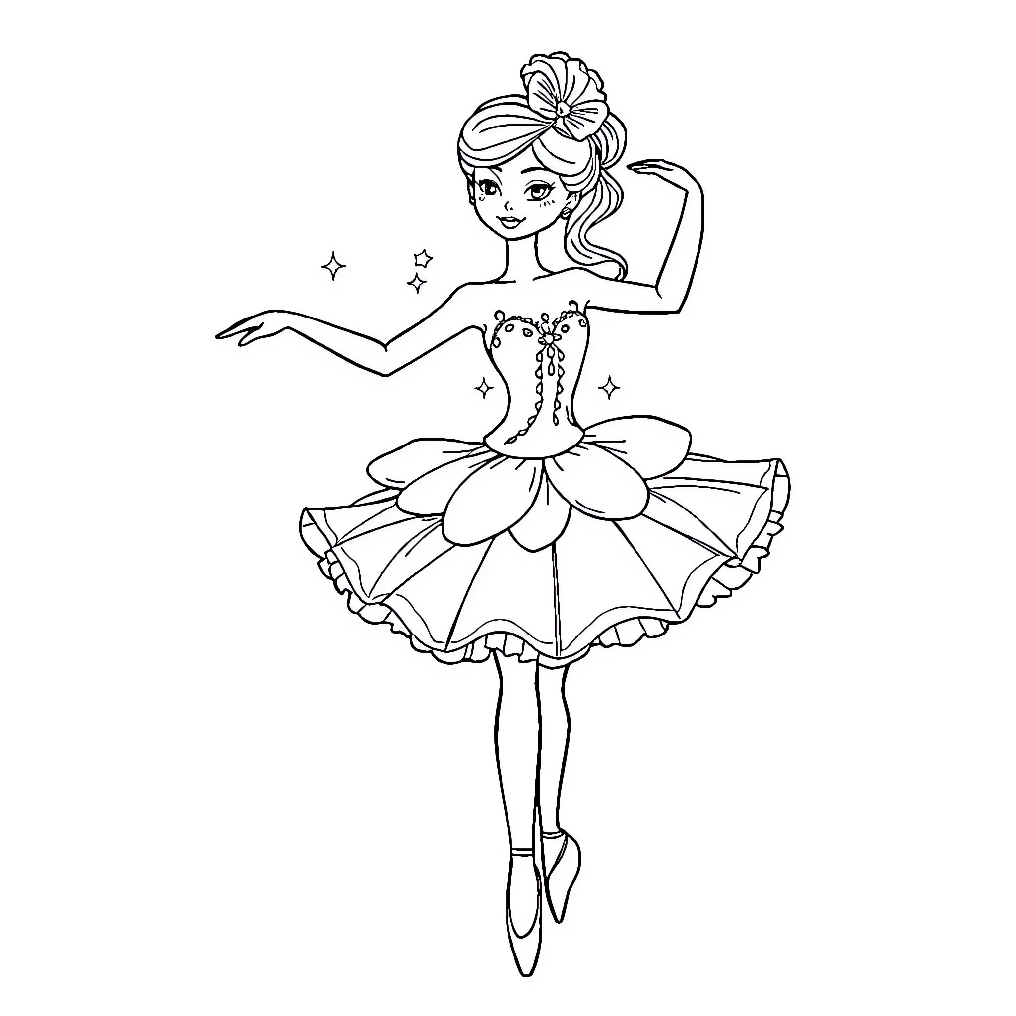 Ballerina in Elegant Floral Dress Performing Coloring Page (free black-and-white line drawing printable PDF for all, from beginners to advanced learners, including children, teens, adults, and seniors)