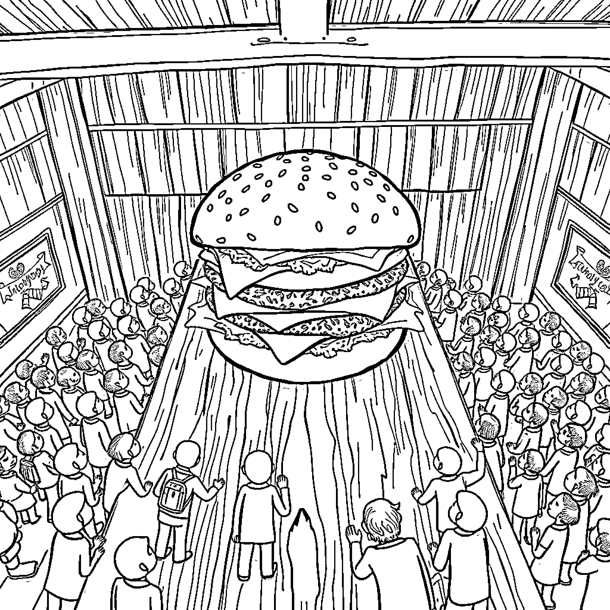 Cheese Burger Celebrates With Crowd Coloring Page (free black-and-white line drawing printable PDF for all, from beginners to advanced learners, including children, teens, adults, and seniors)
