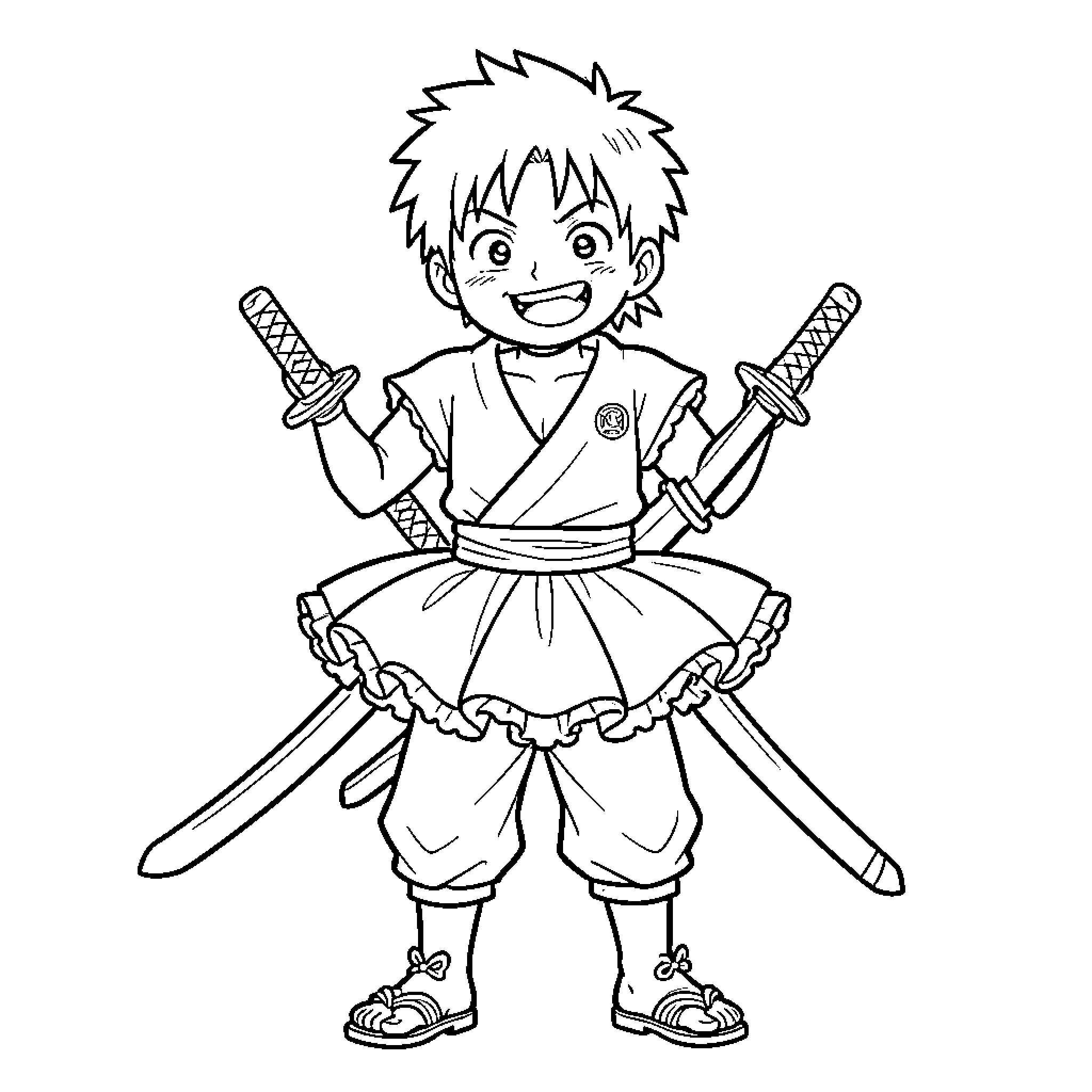 Roronoa Zoro smiling while holding two swords Coloring Page (free black-and-white line drawing printable PDF for all, from beginners to advanced learners, including children, teens, adults, and seniors)