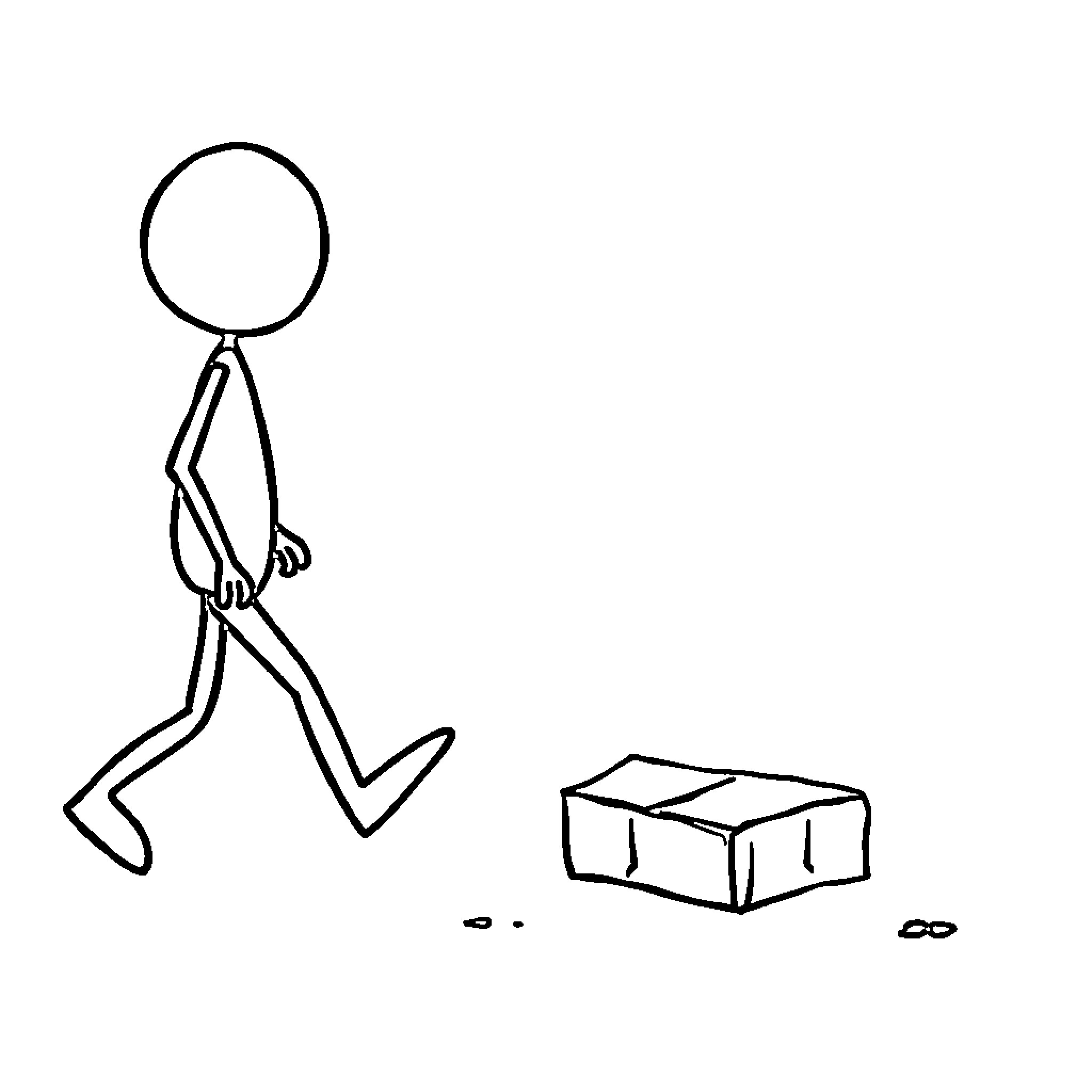 Stick Person walking past a box Coloring Page (free black-and-white line drawing printable PDF for all, from beginners to advanced learners, including children, teens, adults, and seniors)