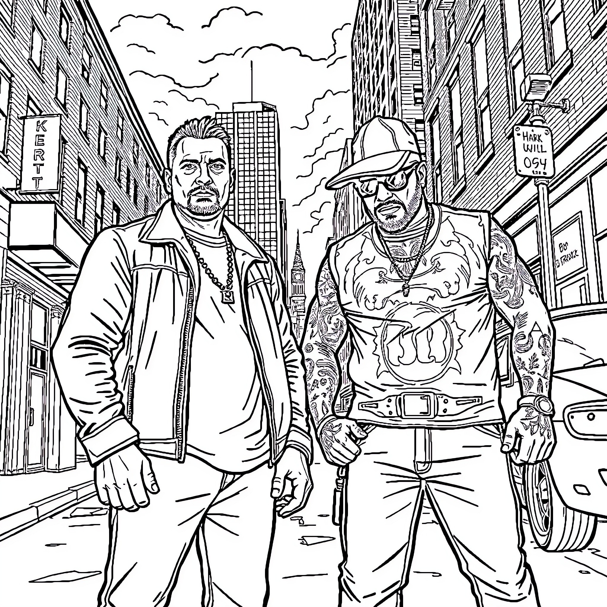 Hank Hill and friend in urban setting Coloring Page (free black-and-white line drawing printable PDF for all, from beginners to advanced learners, including children, teens, adults, and seniors)