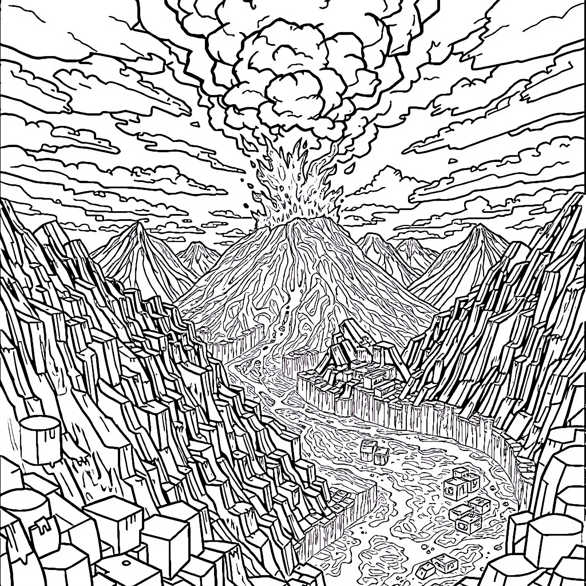 Minecraft Volcanic Eruption in Rugged Landscape Coloring Page (free black-and-white line drawing printable PDF for all, from beginners to advanced learners, including children, teens, adults, and seniors)