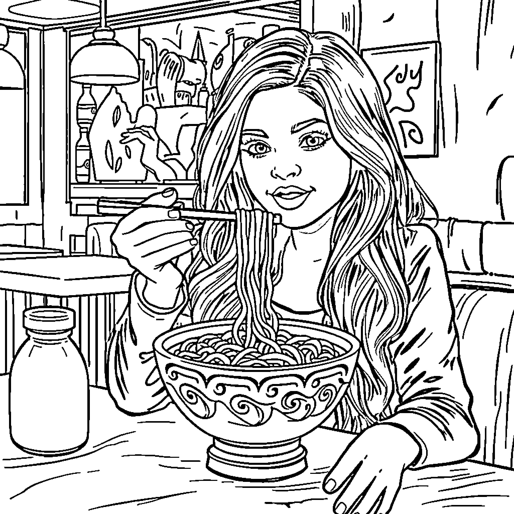 Selena Gomez Enjoying a Hearty Meal in a Cozy Café Coloring Page (free black-and-white line drawing printable PDF for all, from beginners to advanced learners, including children, teens, adults, and seniors)
