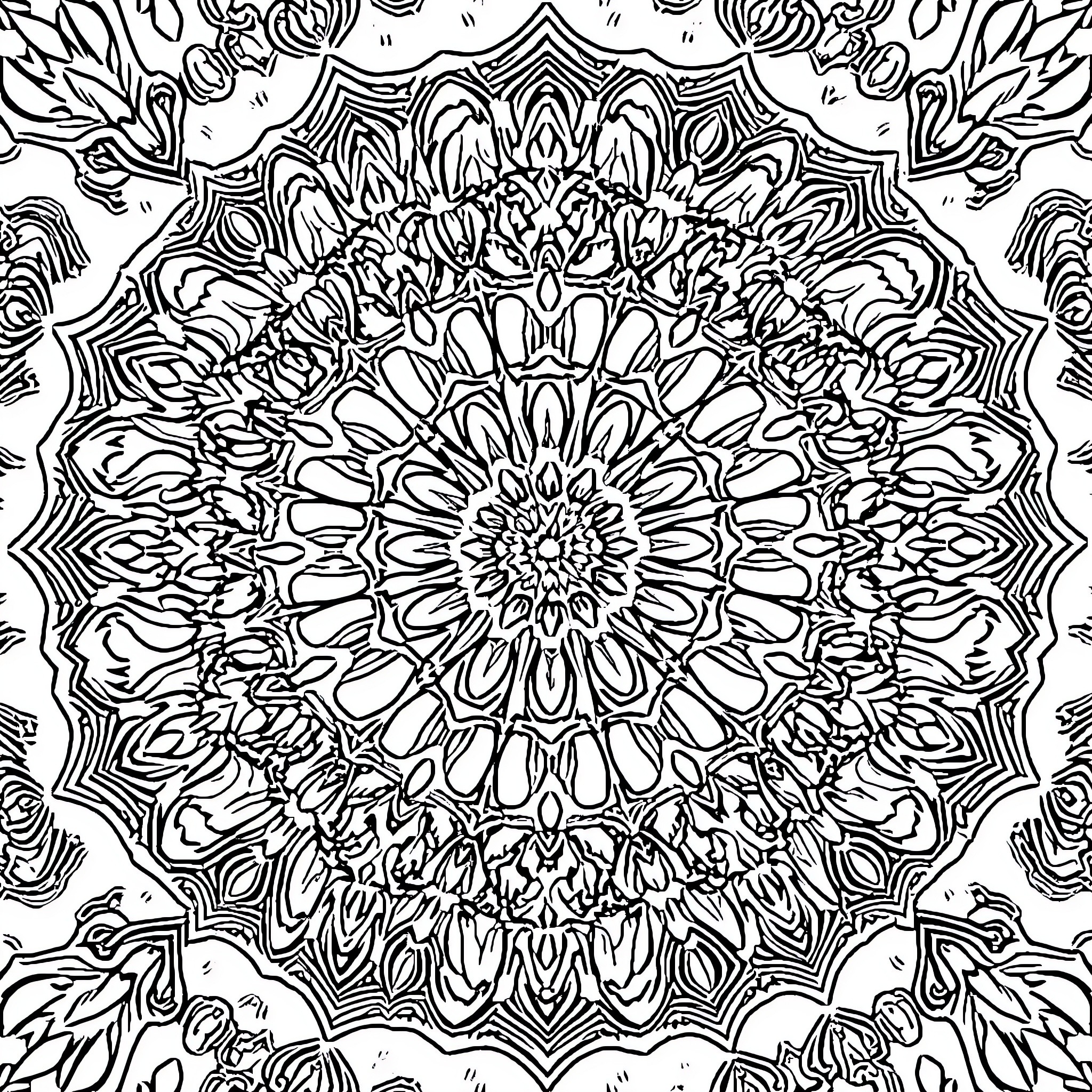 Mandala of Intricate Patterns and Shapes Coloring Page (free black-and-white line drawing printable PDF for all, from beginners to advanced learners, including children, teens, adults, and seniors)