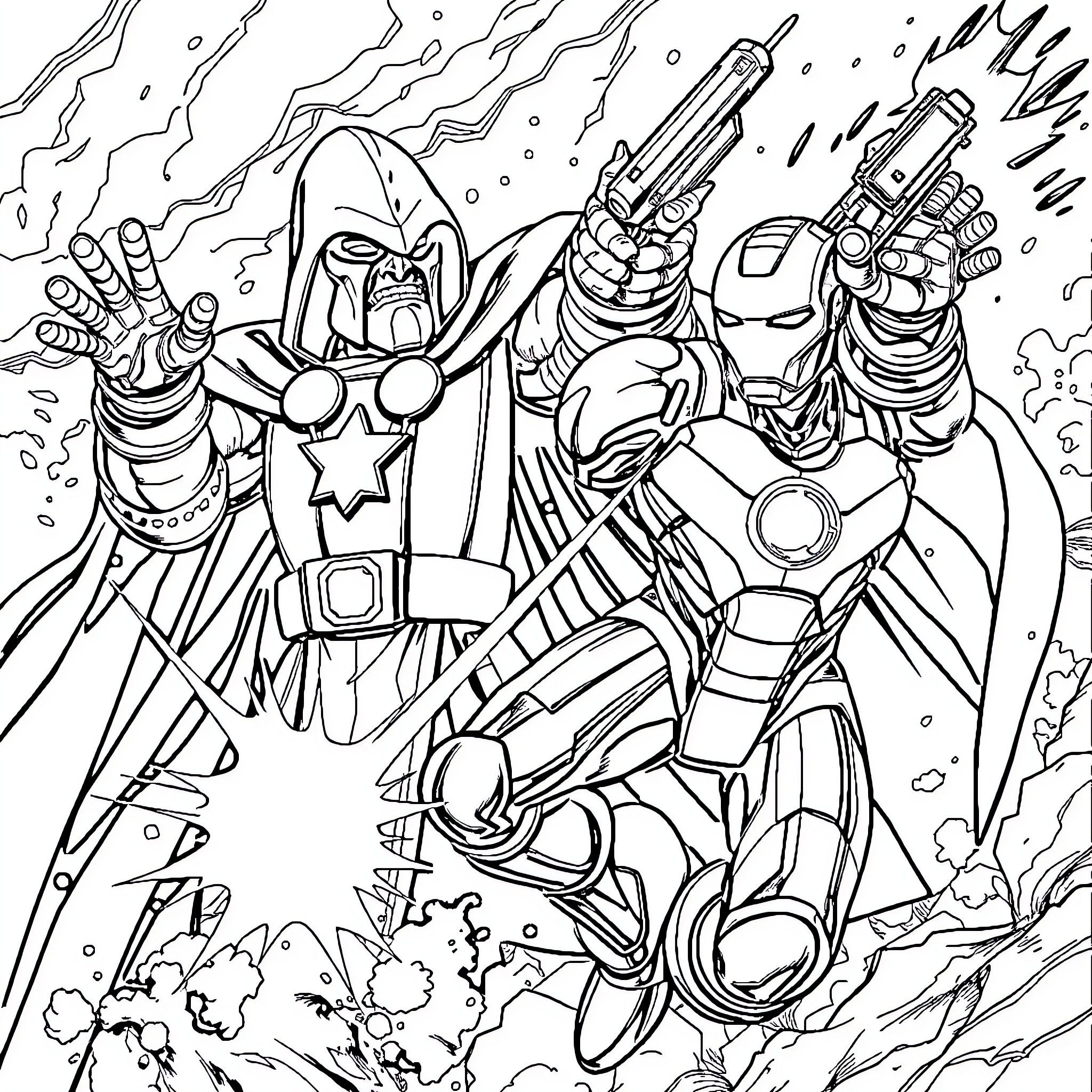 Dr. Doom and Iron Man in epic battle Coloring Page (free black-and-white line drawing printable PDF for all, from beginners to advanced learners, including children, teens, adults, and seniors)