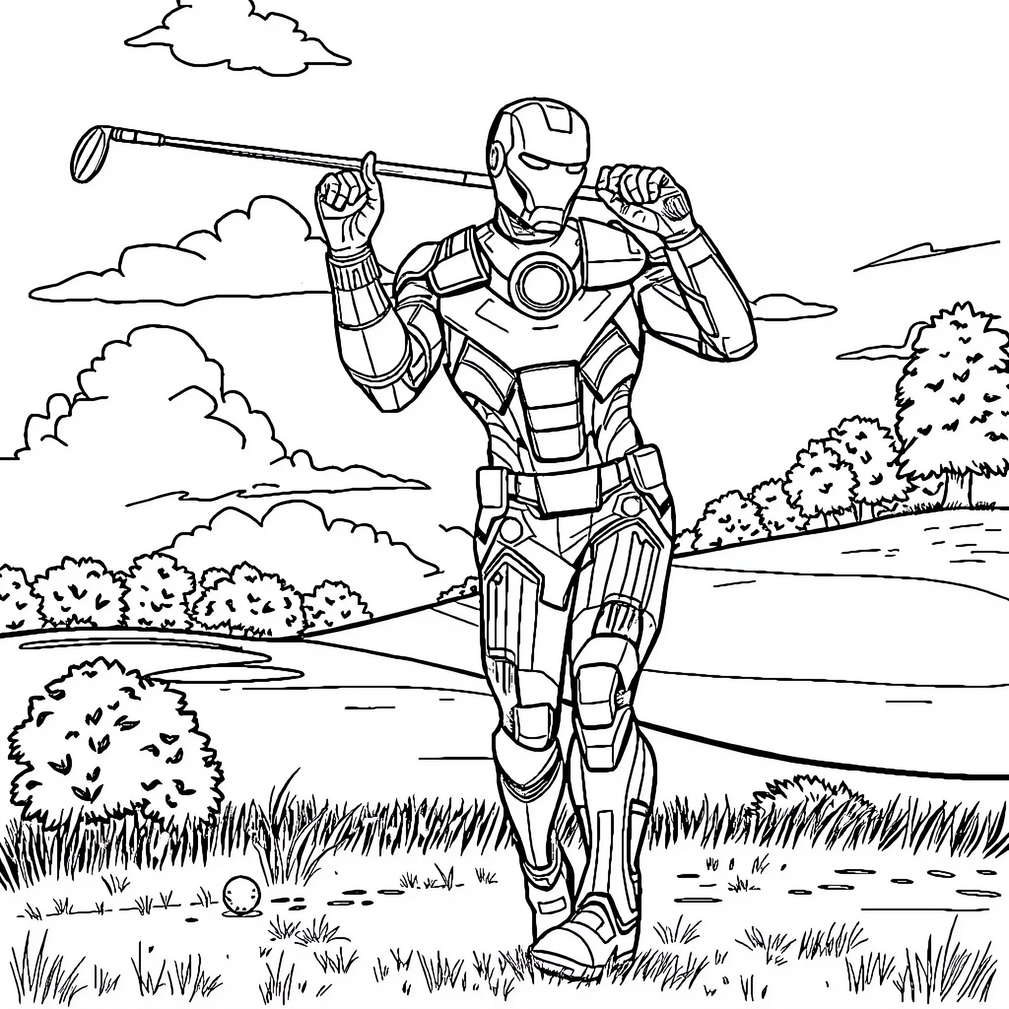 Ironman walking through the forest with his armor Coloring Page (free black-and-white line drawing printable PDF for all, from beginners to advanced learners, including children, teens, adults, and seniors)