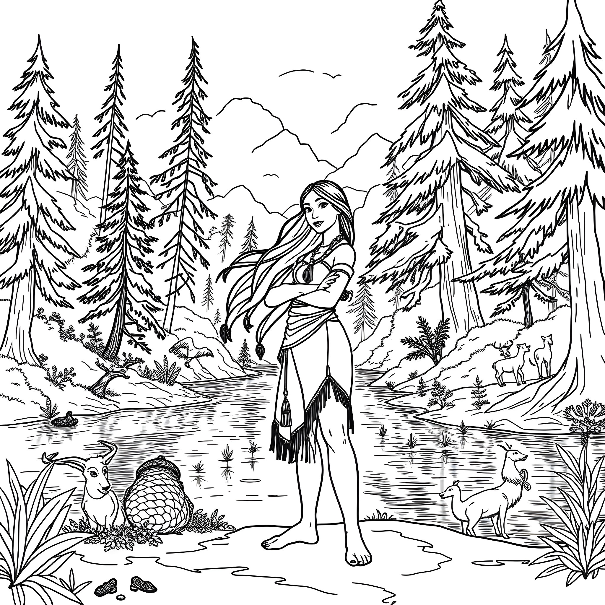 Pocahontas standing in the forest by the river Coloring Page (free black-and-white line drawing printable PDF for all, from beginners to advanced learners, including children, teens, adults, and seniors)
