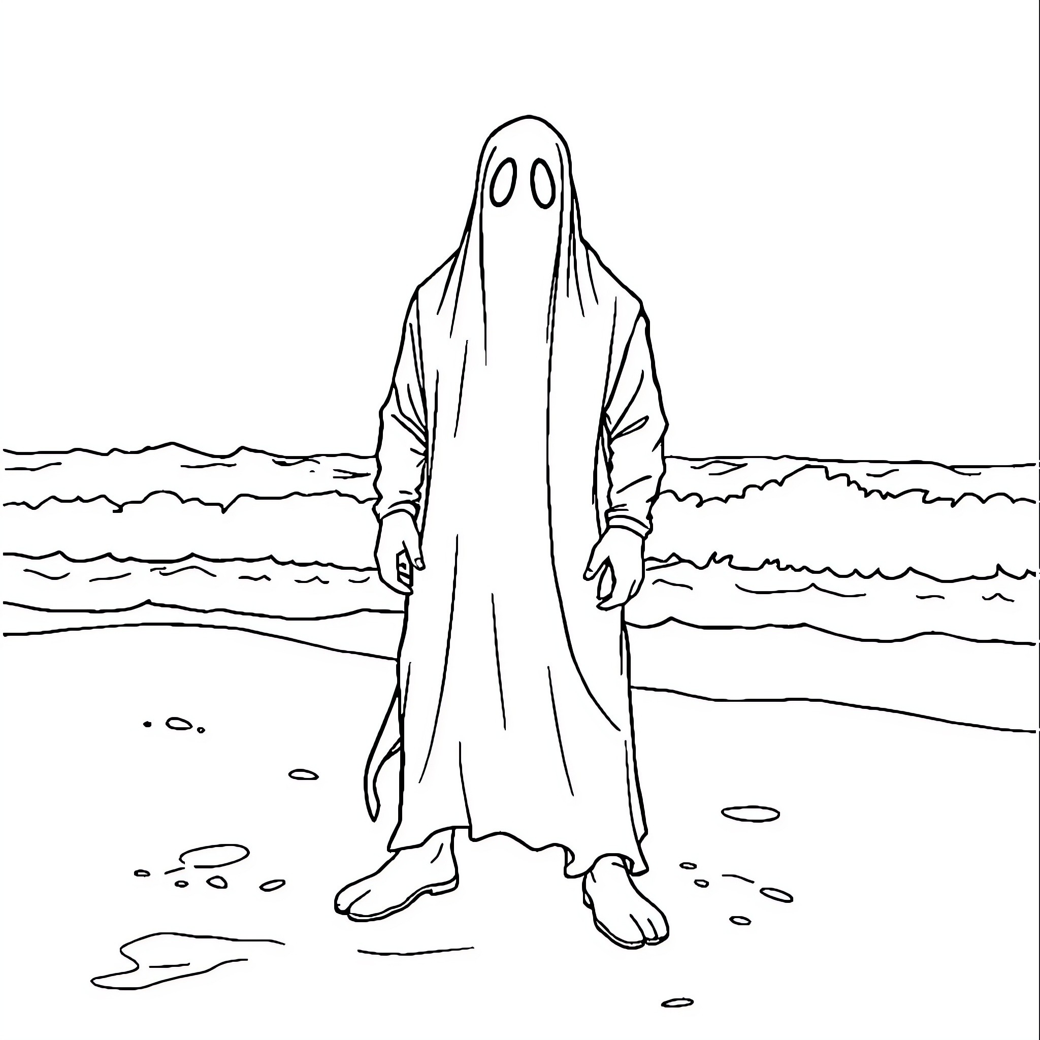 Ghostface figure standing solemnly on a beach Coloring Page (free black-and-white line drawing printable PDF for all, from beginners to advanced learners, including children, teens, adults, and seniors)