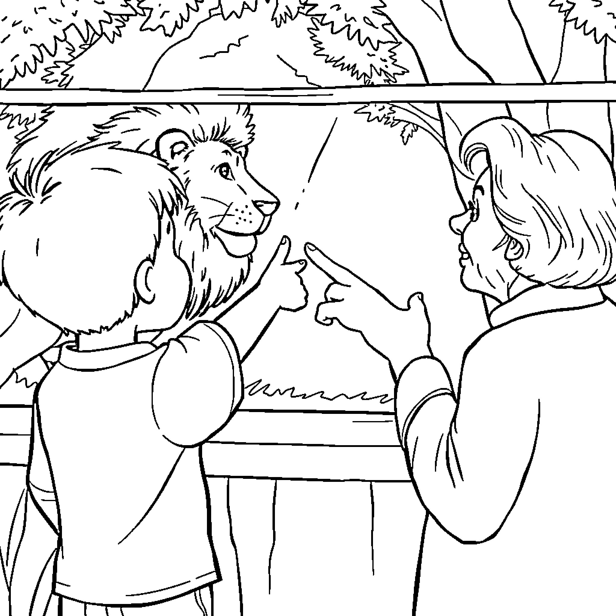 Boy interacting with a lion in the jungle Coloring Page (free black-and-white line drawing printable PDF for all, from beginners to advanced learners, including children, teens, adults, and seniors)