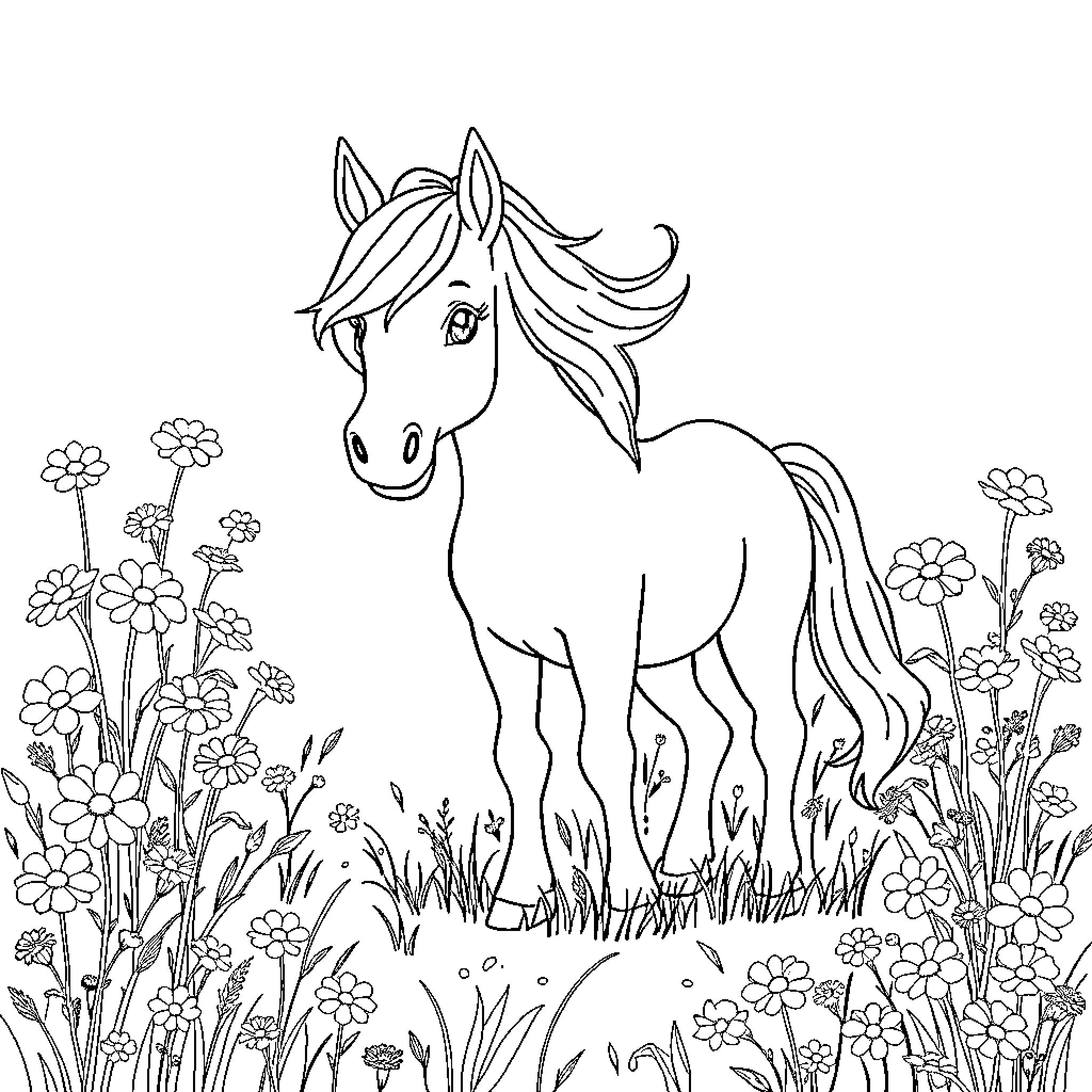 Pony enjoying flowers and nature Coloring Page (free black-and-white line drawing printable PDF for all, from beginners to advanced learners, including children, teens, adults, and seniors)