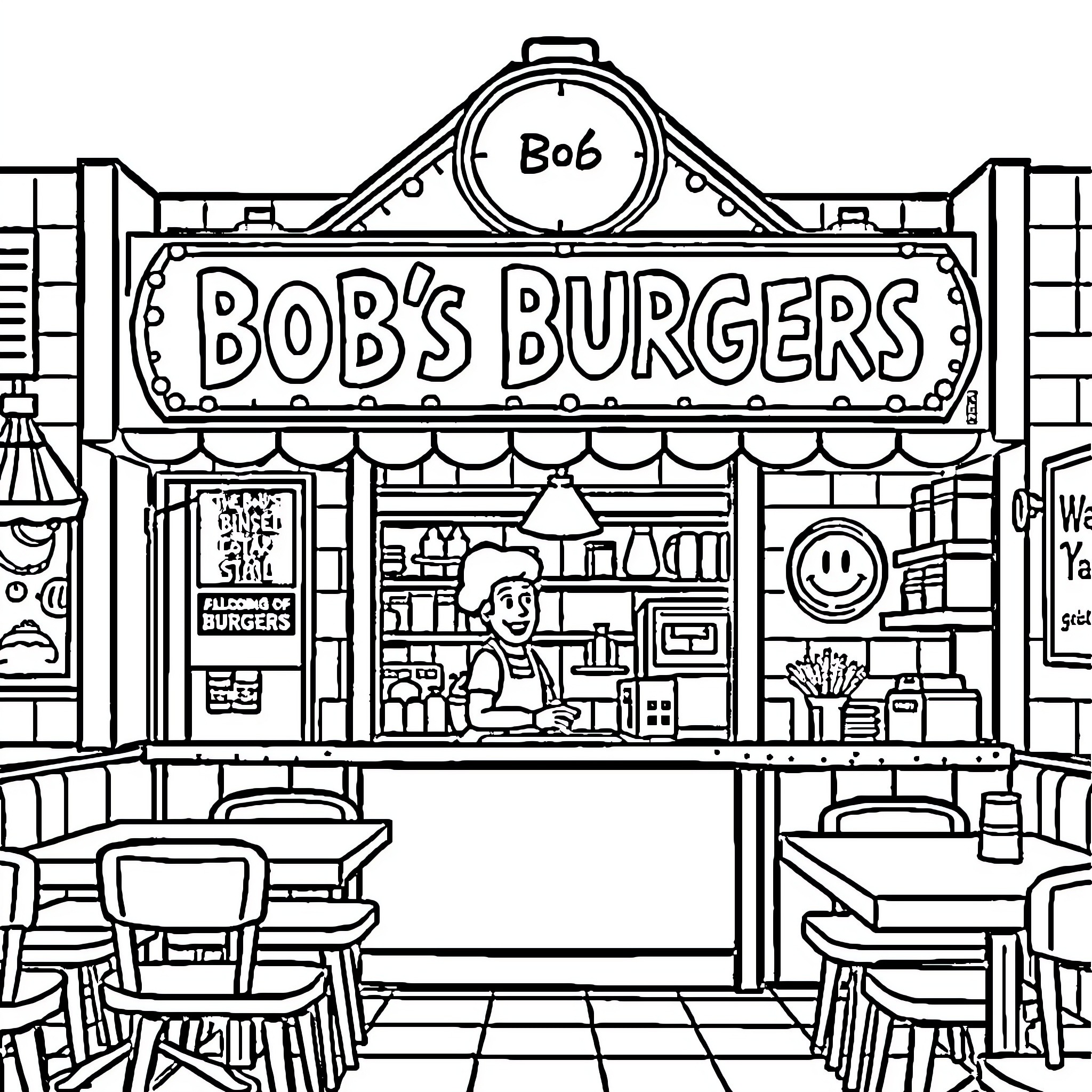 Bob's Burger restaurant with character at work and outdoor seating Coloring Page (free black-and-white line drawing printable PDF for all, from beginners to advanced learners, including children, teens, adults, and seniors)