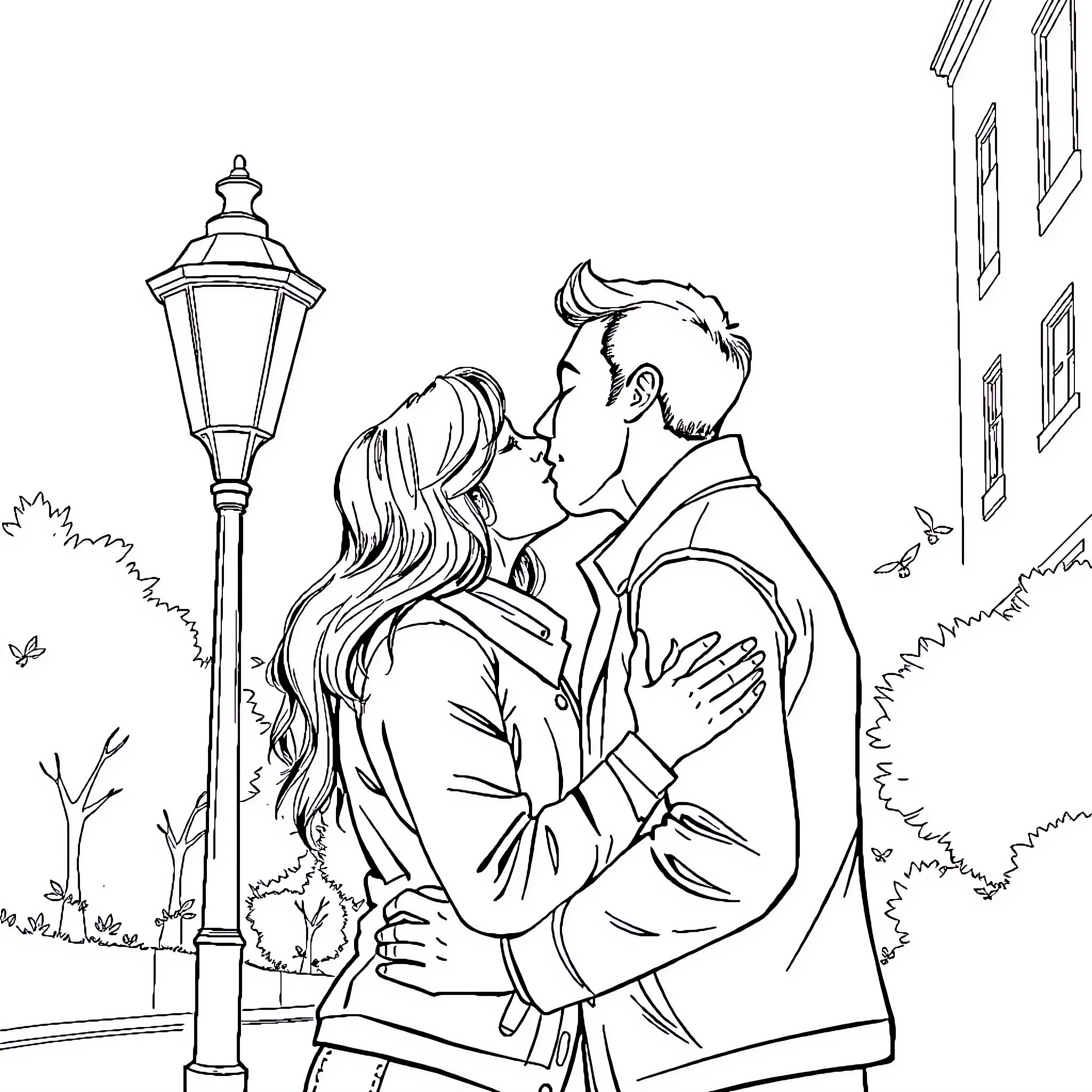 Kiss under the Lamplight Coloring Page (free black-and-white line drawing printable PDF for all, from beginners to advanced learners, including children, teens, adults, and seniors)