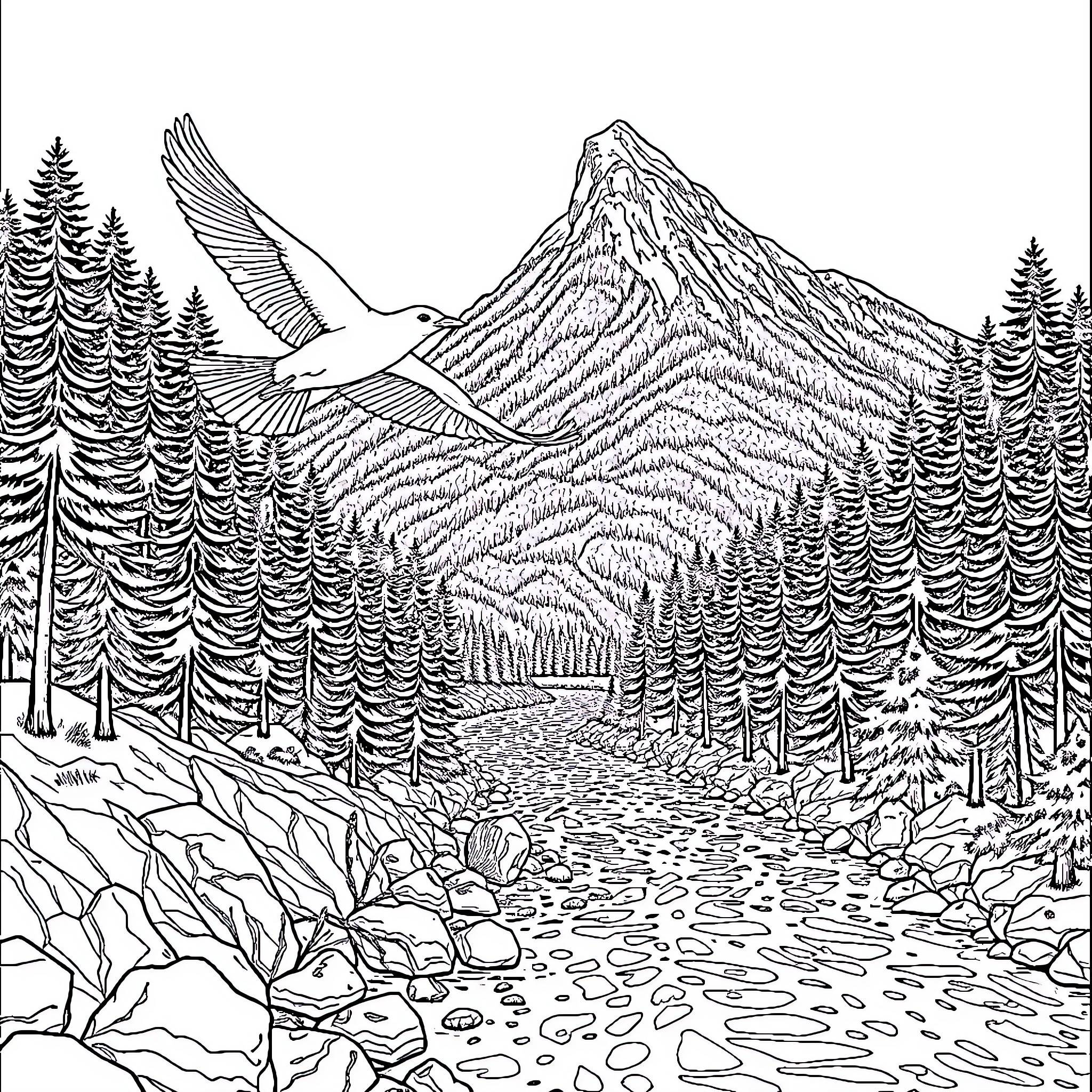 Bird soaring over majestic mountain landscape Coloring Page (free black-and-white line drawing printable PDF for all, from beginners to advanced learners, including children, teens, adults, and seniors)