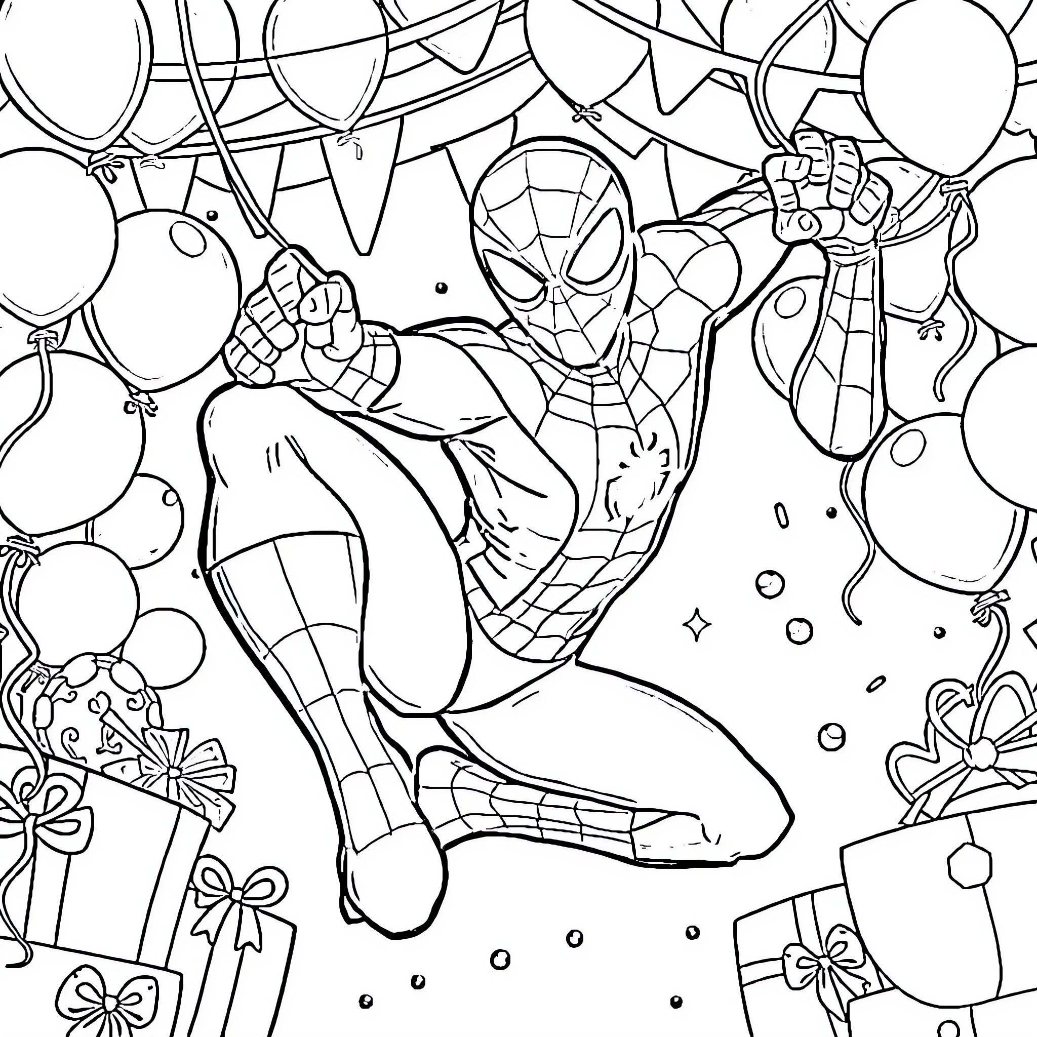 Spiderman swinging through a celebration with balloons Coloring Page (free black-and-white line drawing printable PDF for all, from beginners to advanced learners, including children, teens, adults, and seniors)