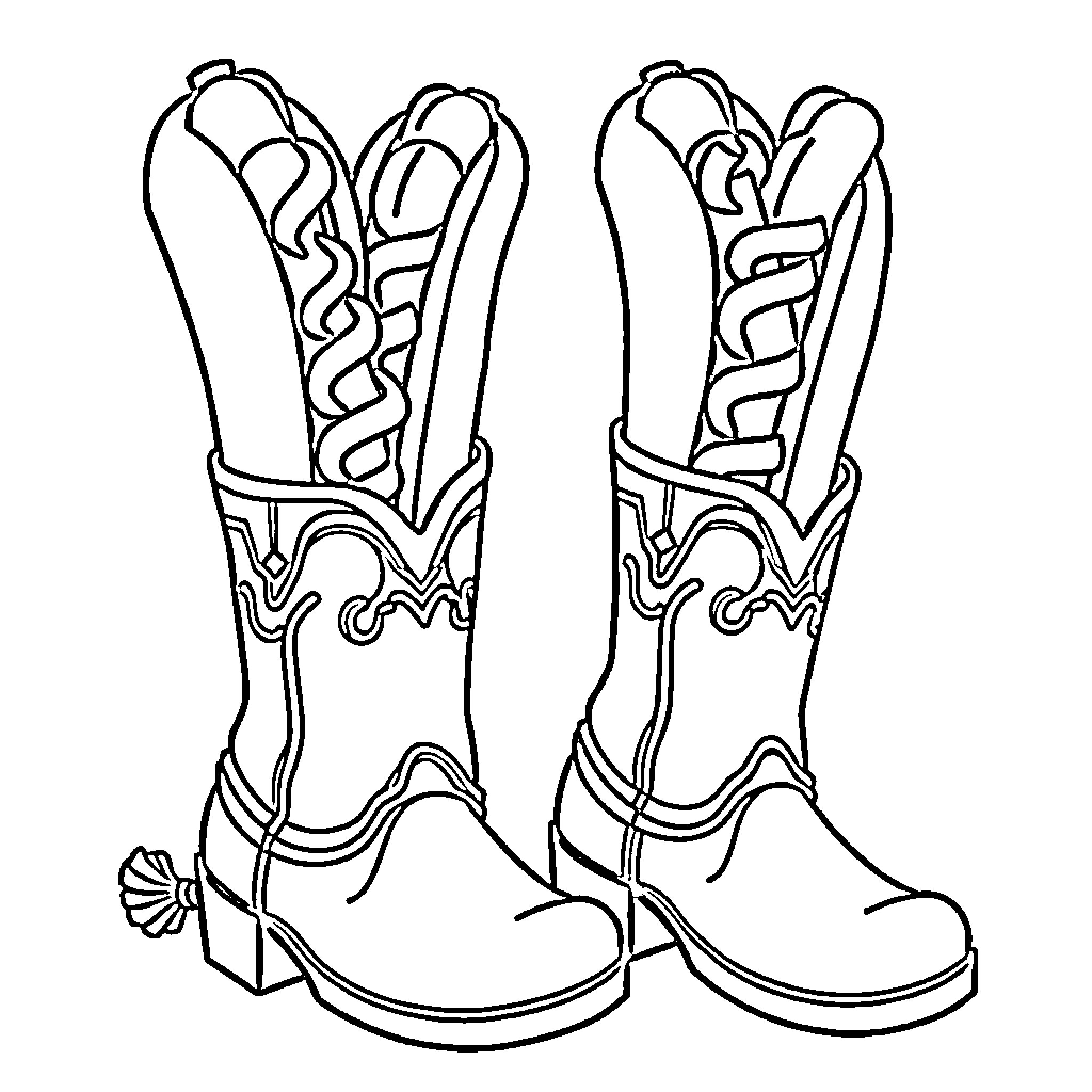 Hotdog Western Boots Coloring Page (free black-and-white line drawing printable PDF for all, from beginners to advanced learners, including children, teens, adults, and seniors)