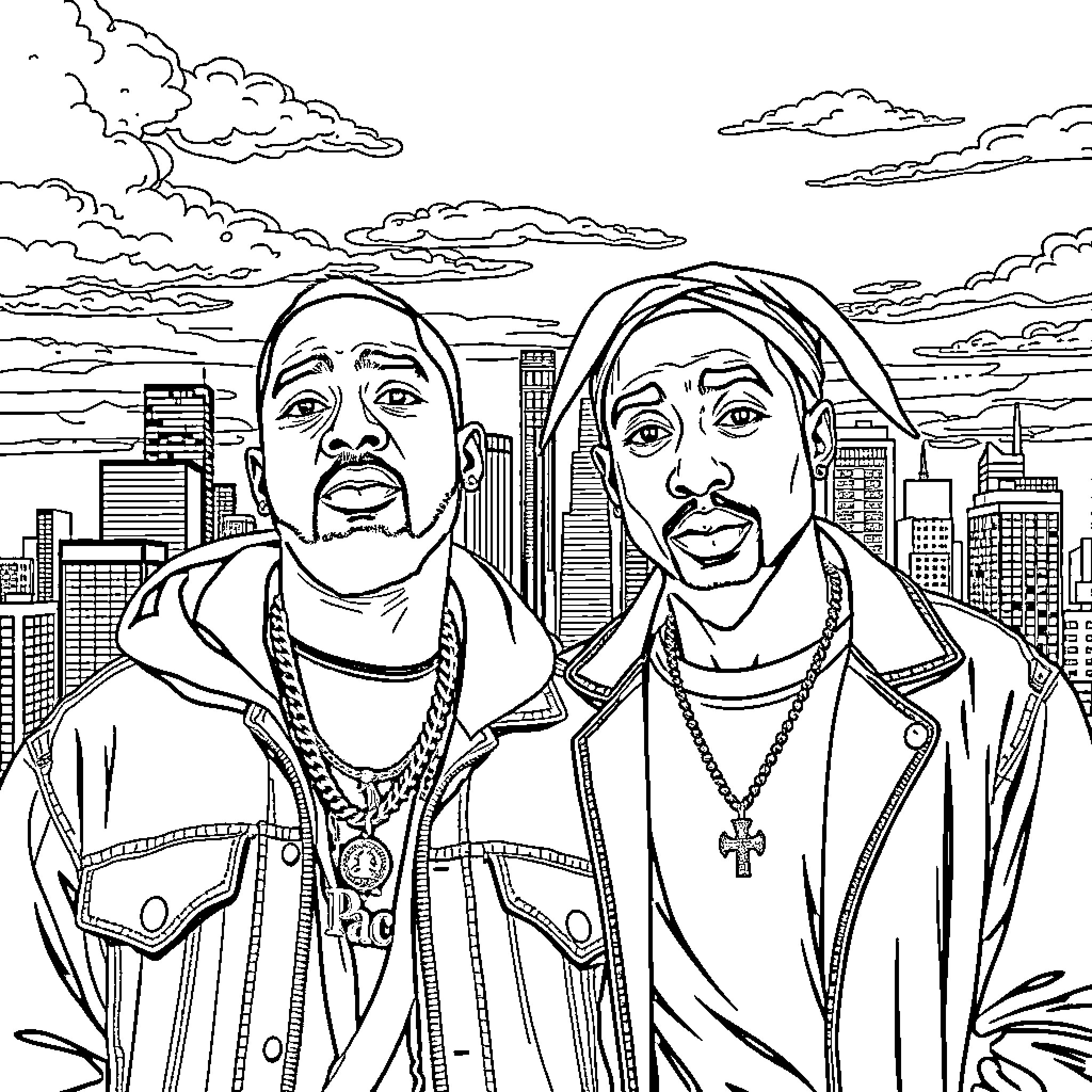 Nipsey Hussle and 2Pac in the City Coloring Page (free black-and-white line drawing printable PDF for all, from beginners to advanced learners, including children, teens, adults, and seniors)