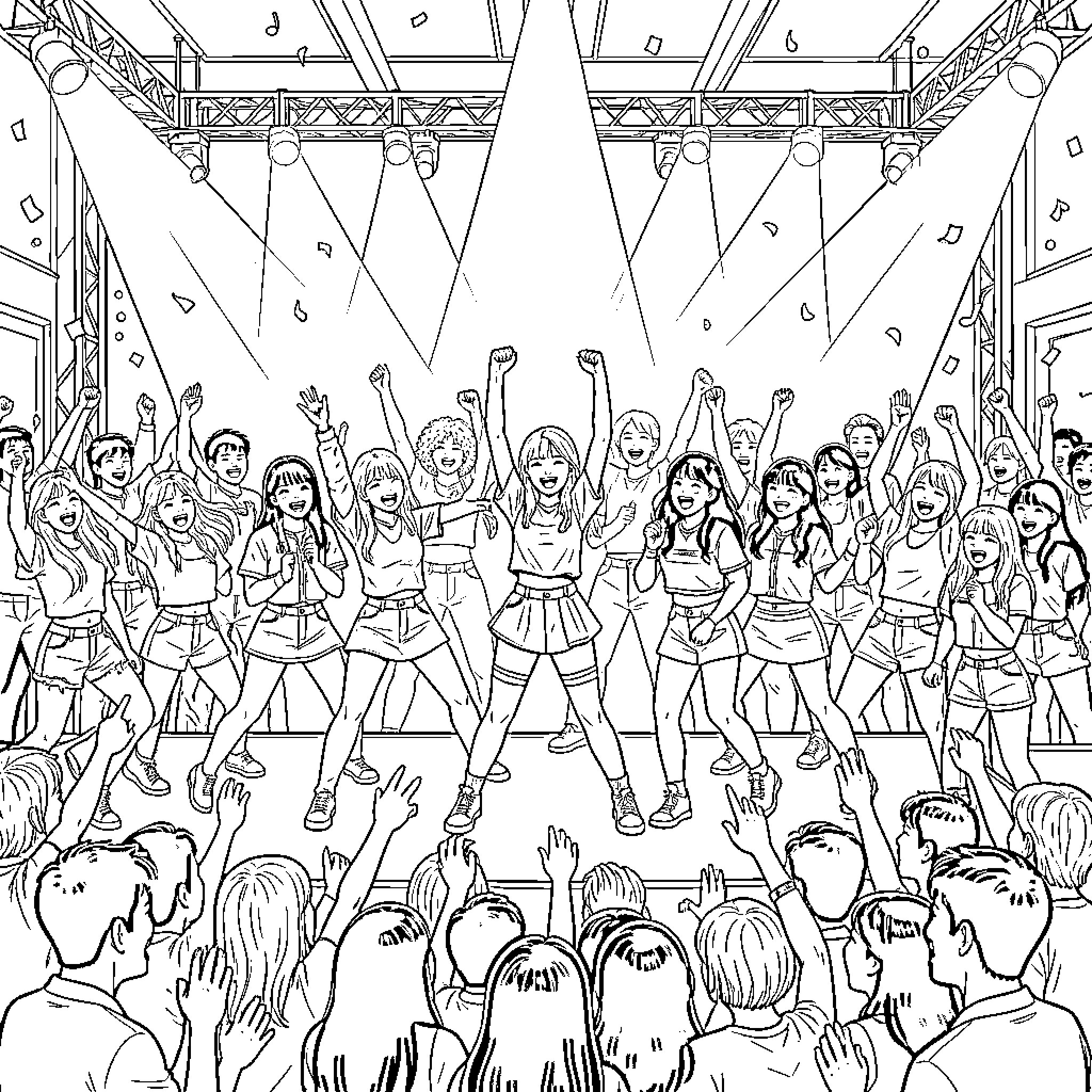 Kpop idols performing energetically on stage for fans Coloring Page (free black-and-white line drawing printable PDF for all, from beginners to advanced learners, including children, teens, adults, and seniors)