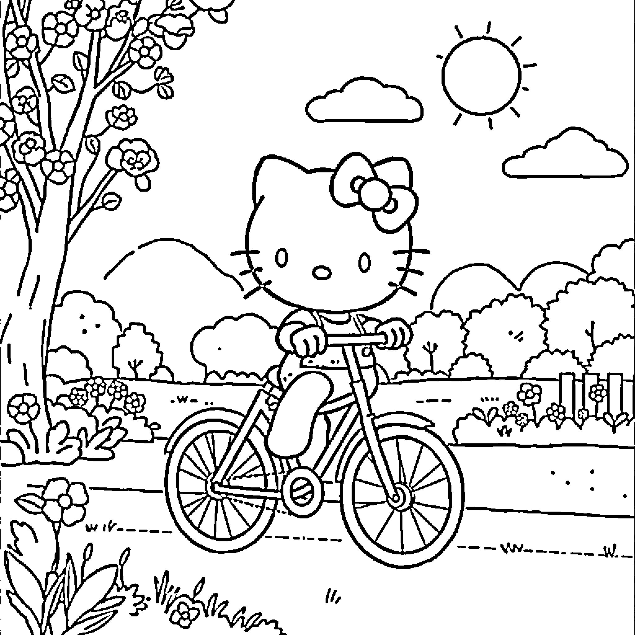 Hello Kitty enjoys a bike ride in nature Coloring Page (free black-and-white line drawing printable PDF for all, from beginners to advanced learners, including children, teens, adults, and seniors)