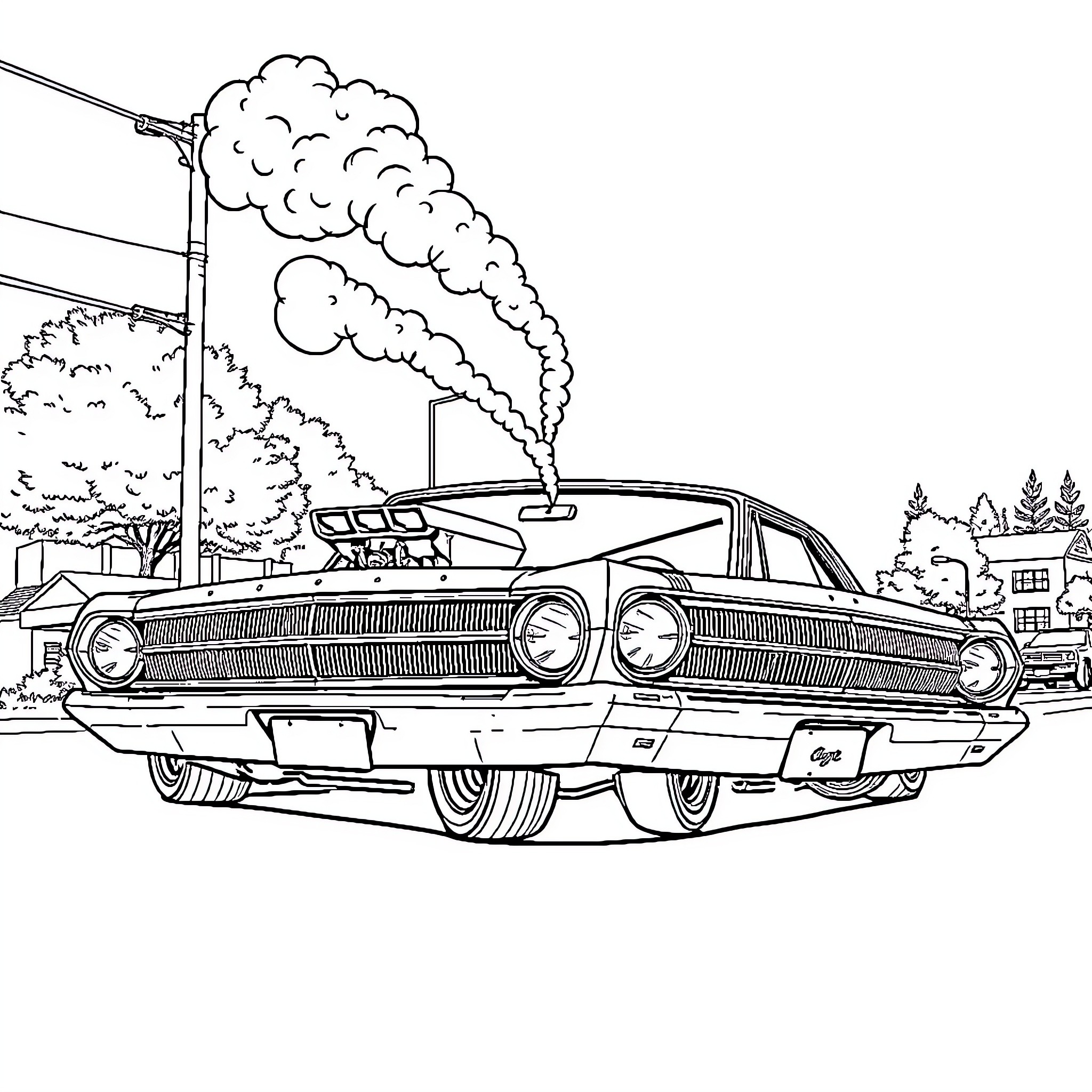 Dodge Dart Vintage Car Emitting Smoke Coloring Page (free black-and-white line drawing printable PDF for all, from beginners to advanced learners, including children, teens, adults, and seniors)