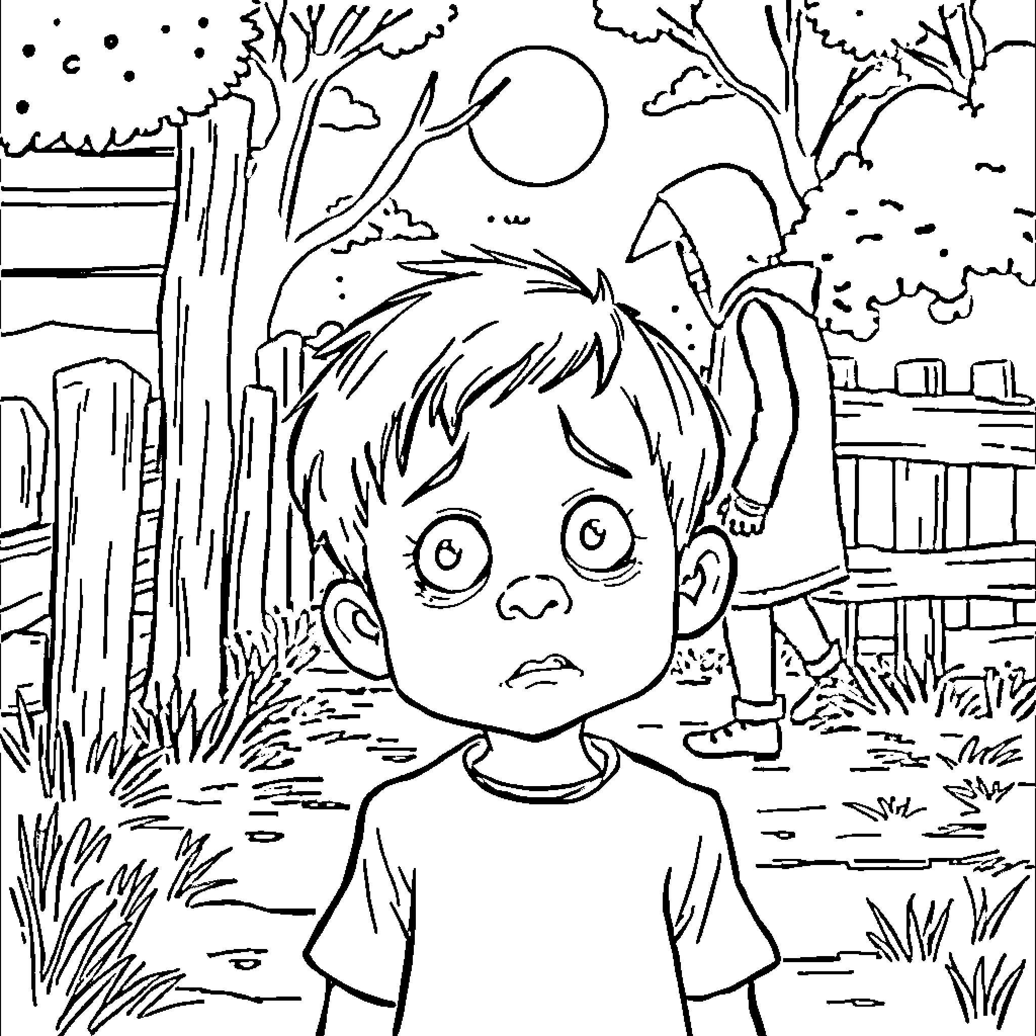 Stranger contemplates a mysterious scene in nature Coloring Page (free black-and-white line drawing printable PDF for all, from beginners to advanced learners, including children, teens, adults, and seniors)