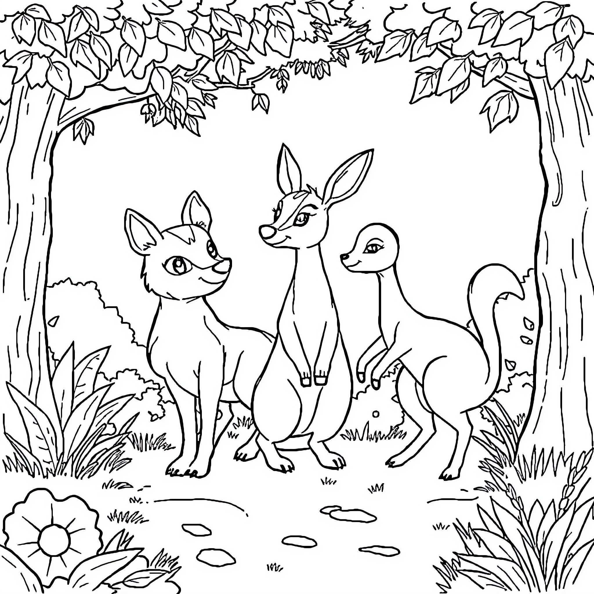 Hedgehog and deer friends in the forest Coloring Page (free black-and-white line drawing printable PDF for all, from beginners to advanced learners, including children, teens, adults, and seniors)