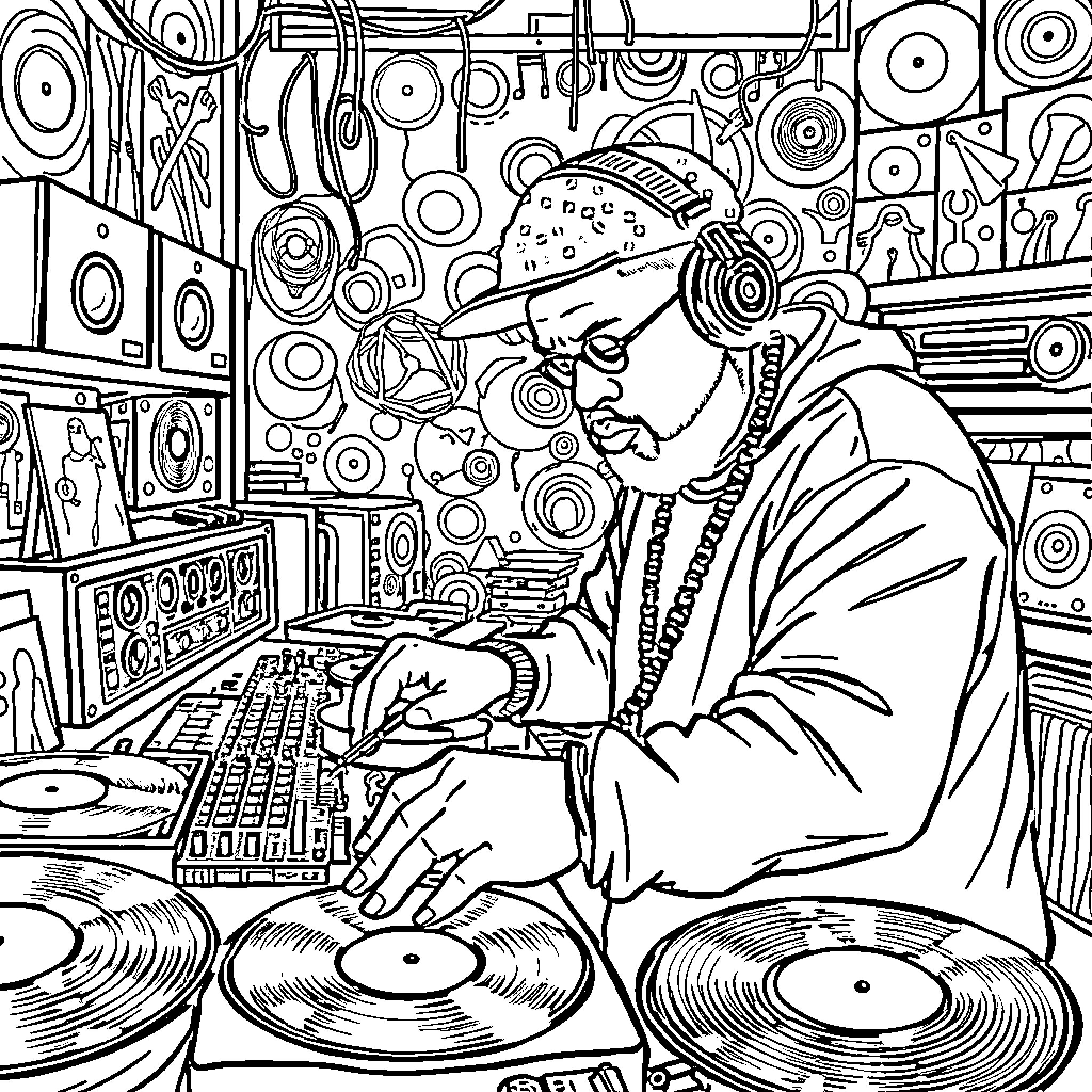 DJ Screw mixing music in the studio Coloring Page (free black-and-white line drawing printable PDF for all, from beginners to advanced learners, including children, teens, adults, and seniors)