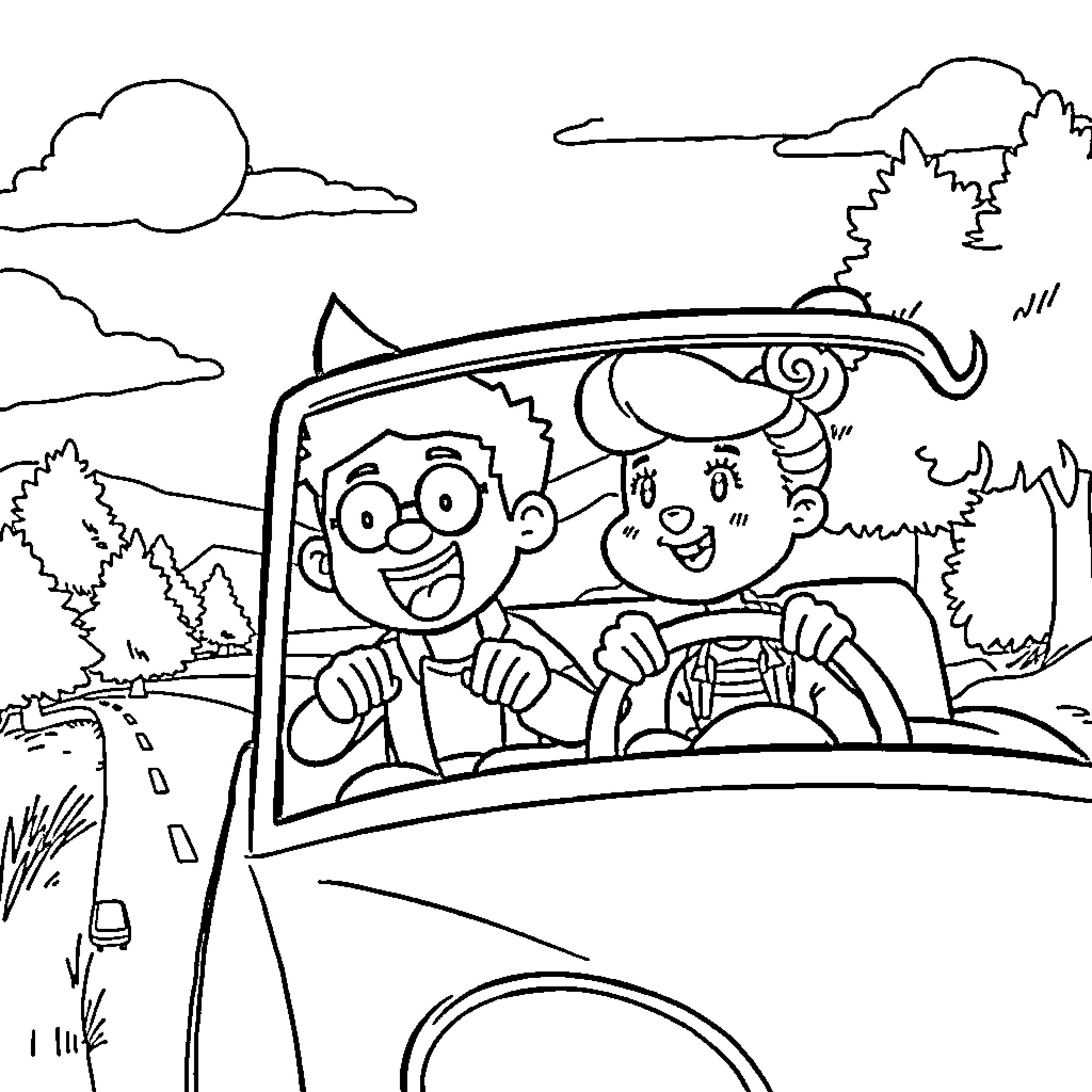 Dipper and Mabel enjoying a joyful ride through the countryside Coloring Page (free black-and-white line drawing printable PDF for all, from beginners to advanced learners, including children, teens, adults, and seniors)