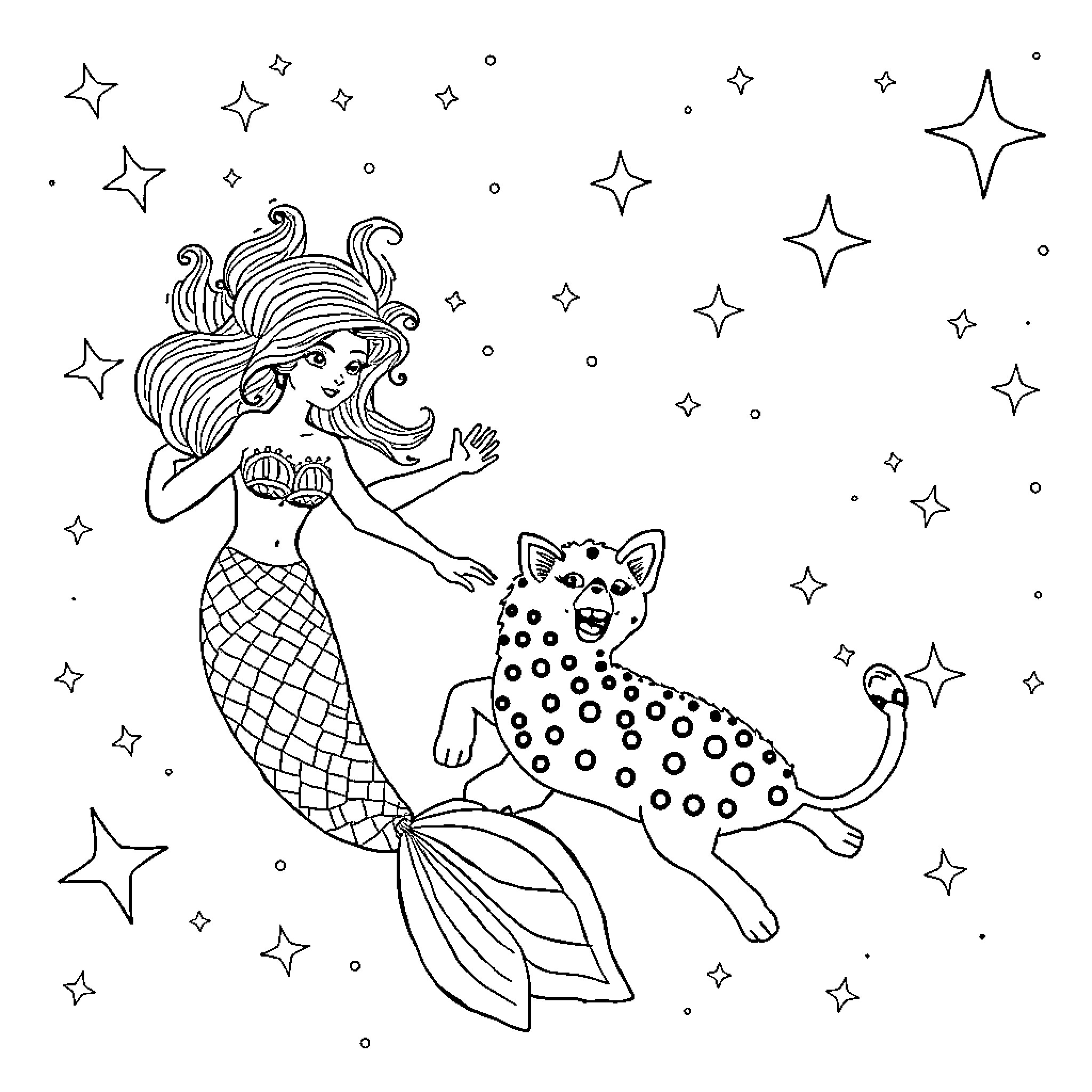 Mermaid swimming with a magical spotted cat Coloring Page (free black-and-white line drawing printable PDF for all, from beginners to advanced learners, including children, teens, adults, and seniors)