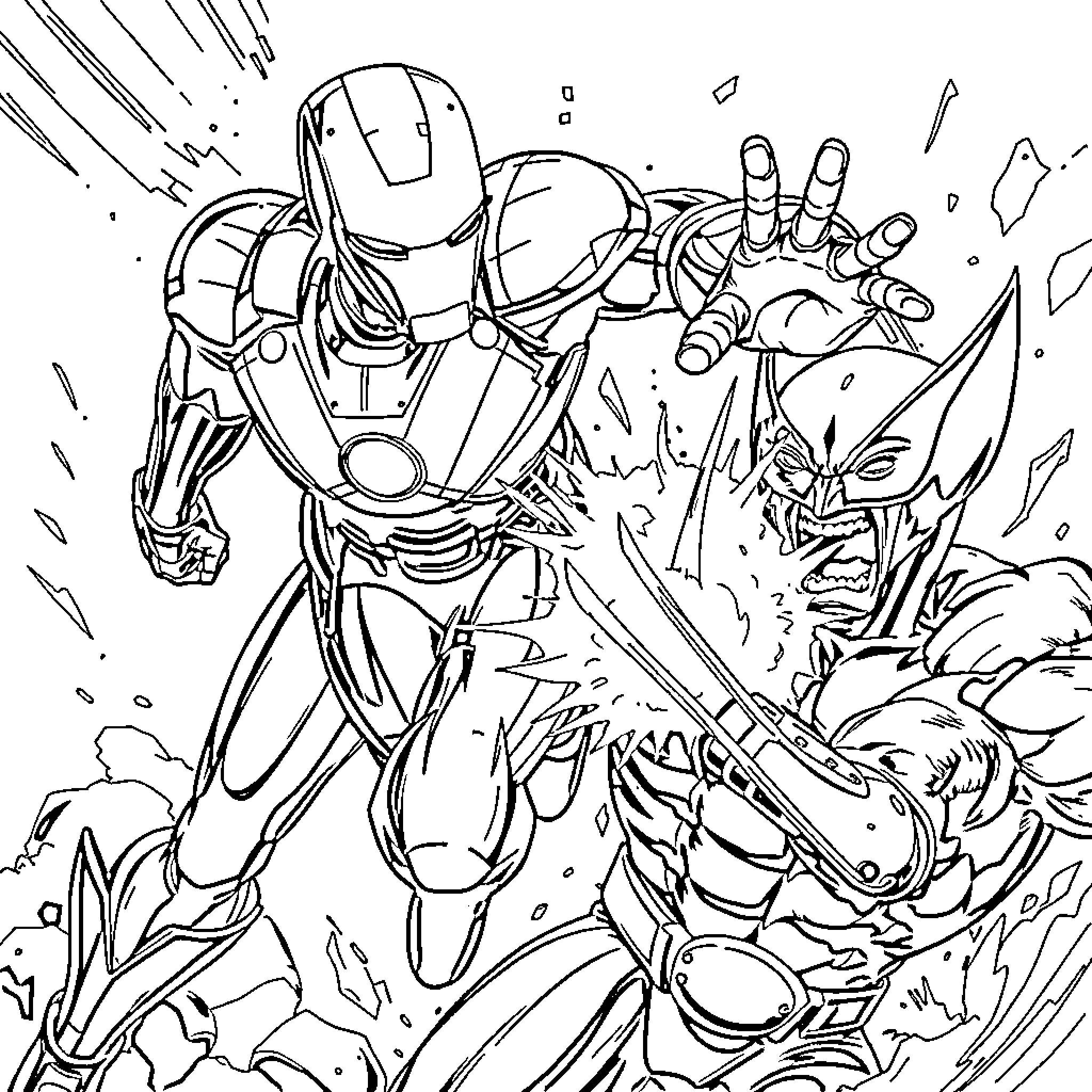Ironman fighting against a monstrous foe Coloring Page (free black-and-white line drawing printable PDF for all, from beginners to advanced learners, including children, teens, adults, and seniors)