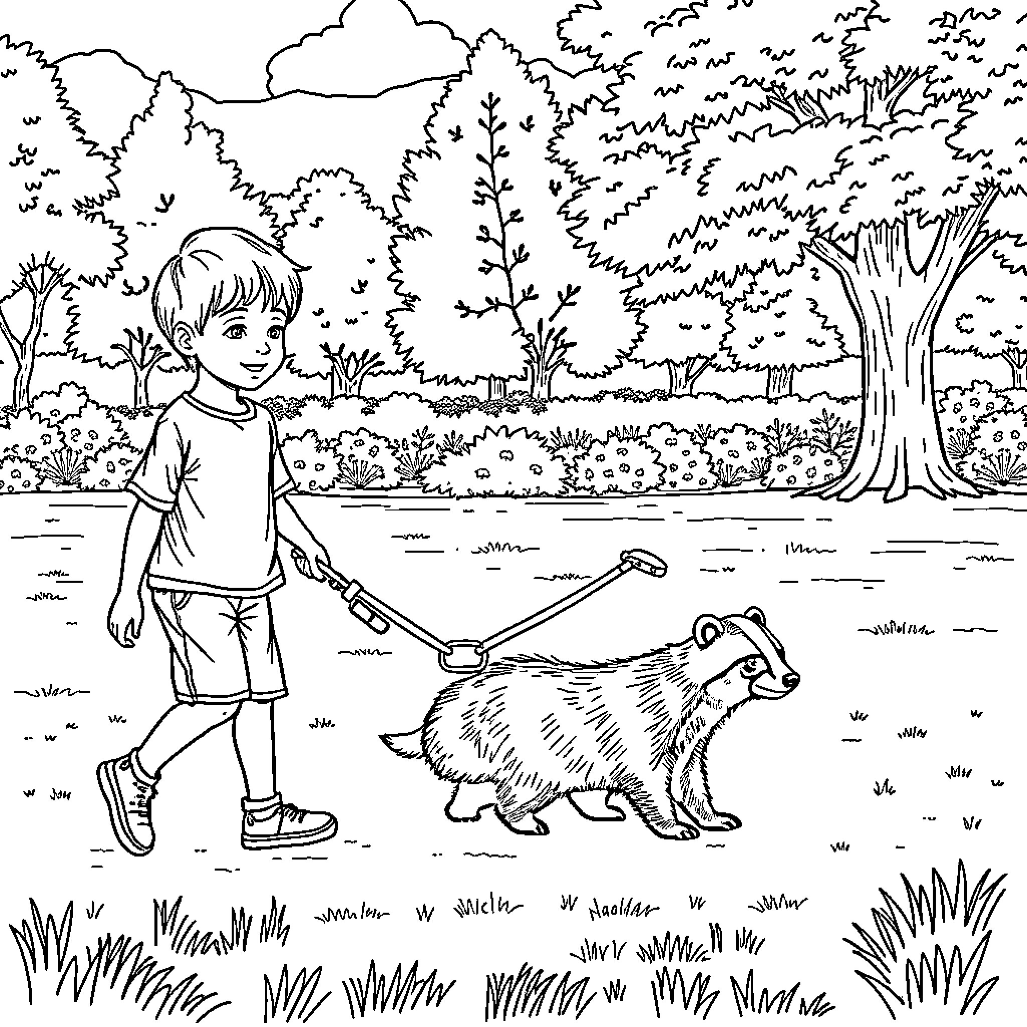 Honey Badger Explores Outdoor Adventure with Child Coloring Page (free black-and-white line drawing printable PDF for all, from beginners to advanced learners, including children, teens, adults, and seniors)