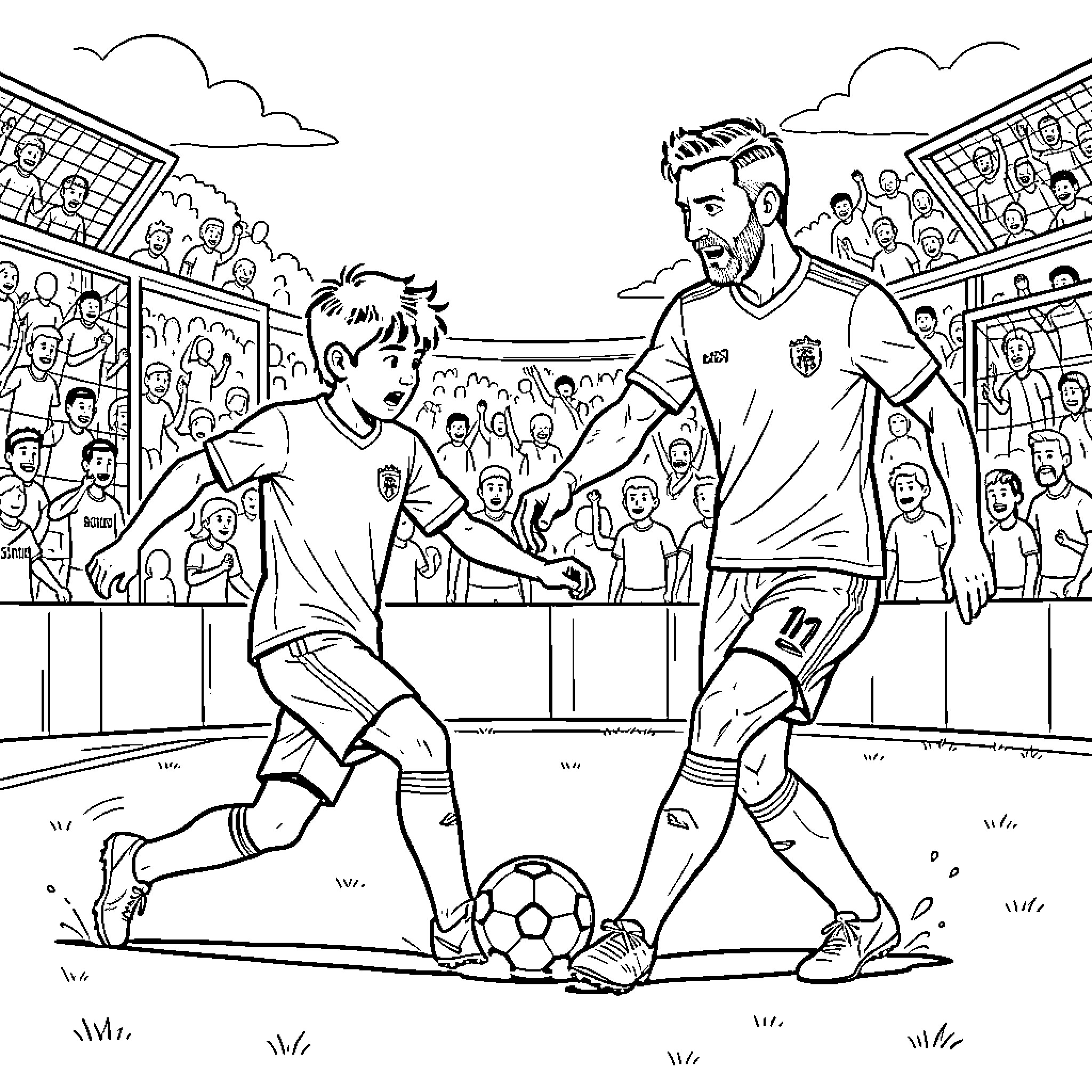 Lamine Yamal dribbling a soccer ball past a player Coloring Page (free black-and-white line drawing printable PDF for all, from beginners to advanced learners, including children, teens, adults, and seniors)