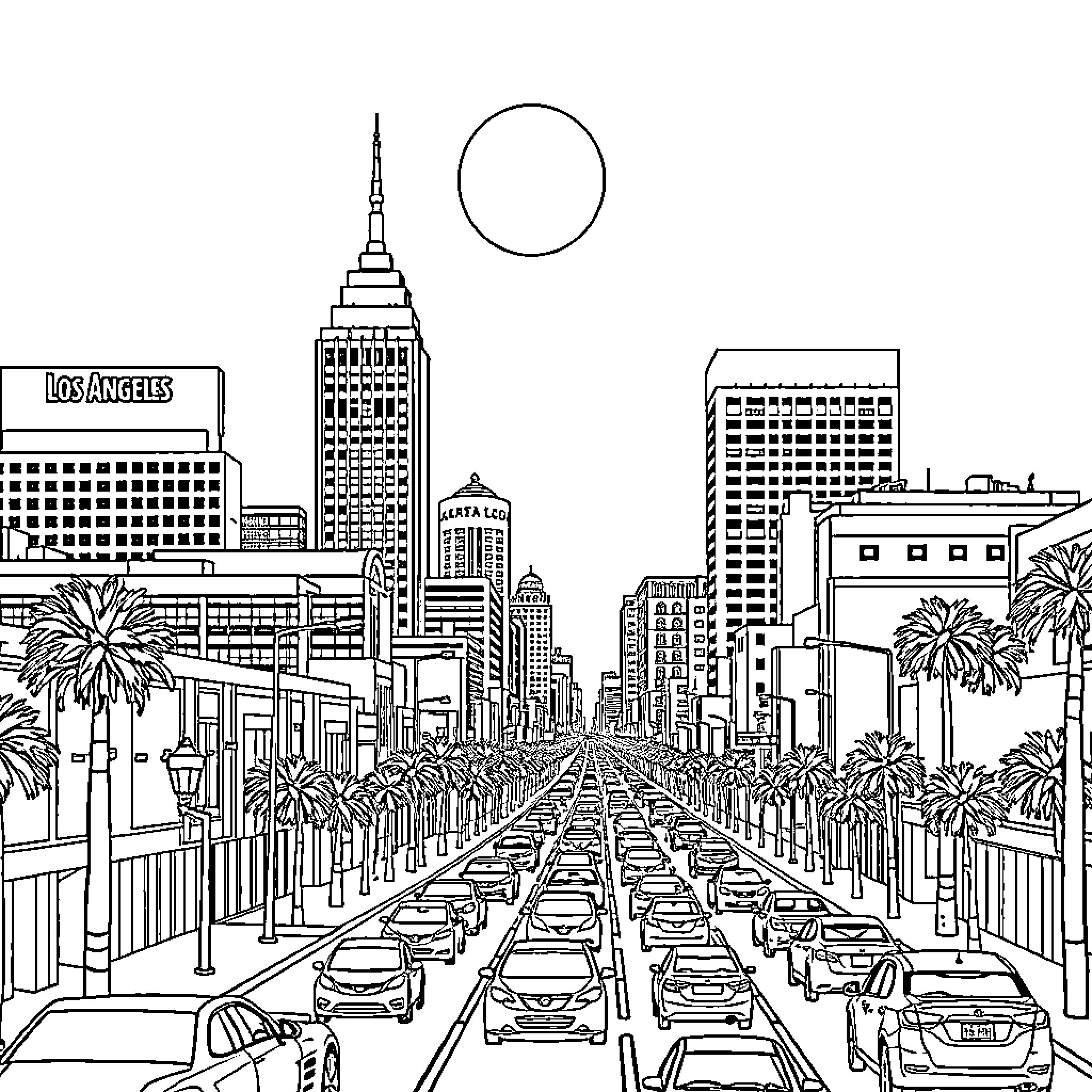 City Skyline with Busy Traffic and Iconic Landmarks Coloring Page (free black-and-white line drawing printable PDF for all, from beginners to advanced learners, including children, teens, adults, and seniors)