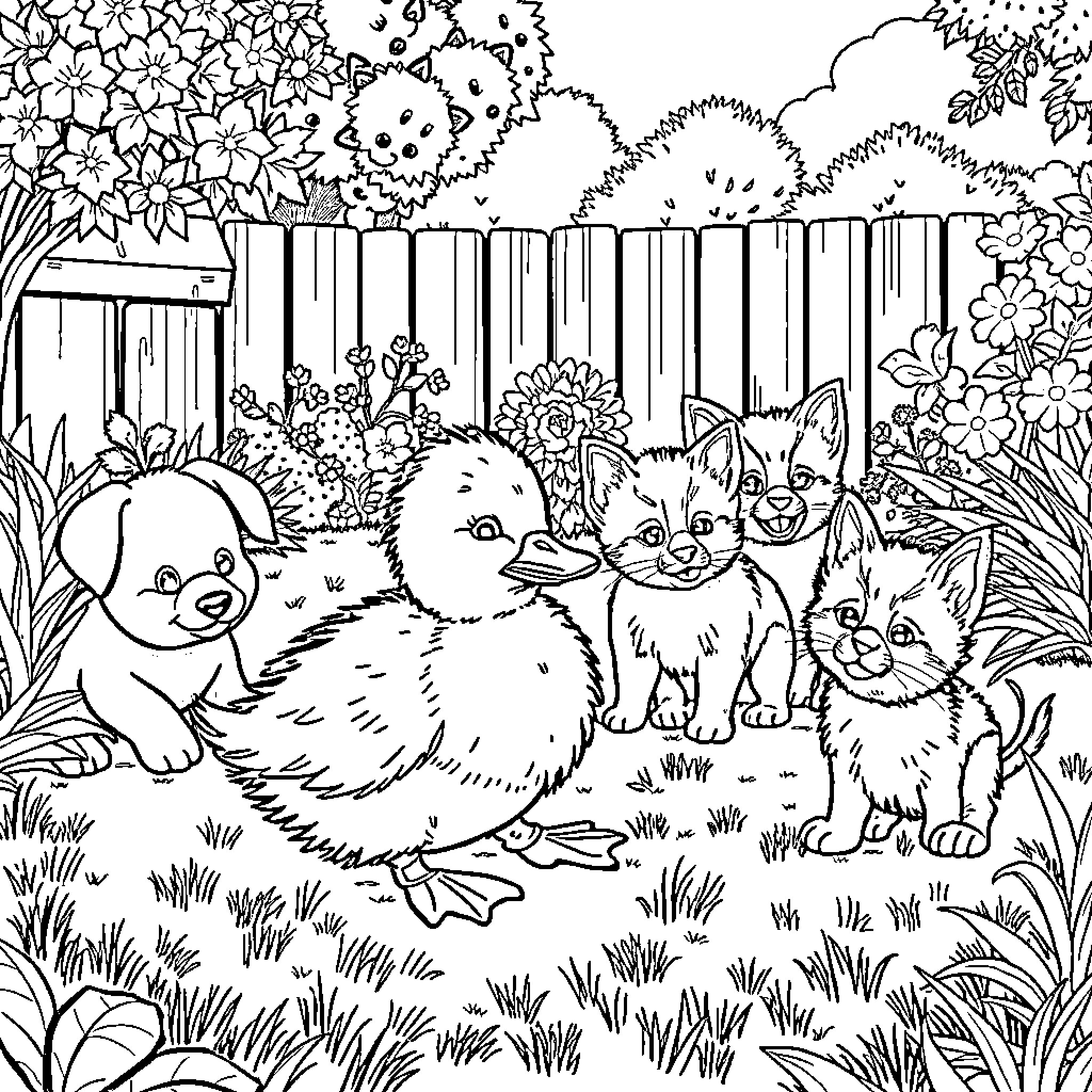 Duckling and playful kittens in floral garden Coloring Page (free black-and-white line drawing printable PDF for all, from beginners to advanced learners, including children, teens, adults, and seniors)