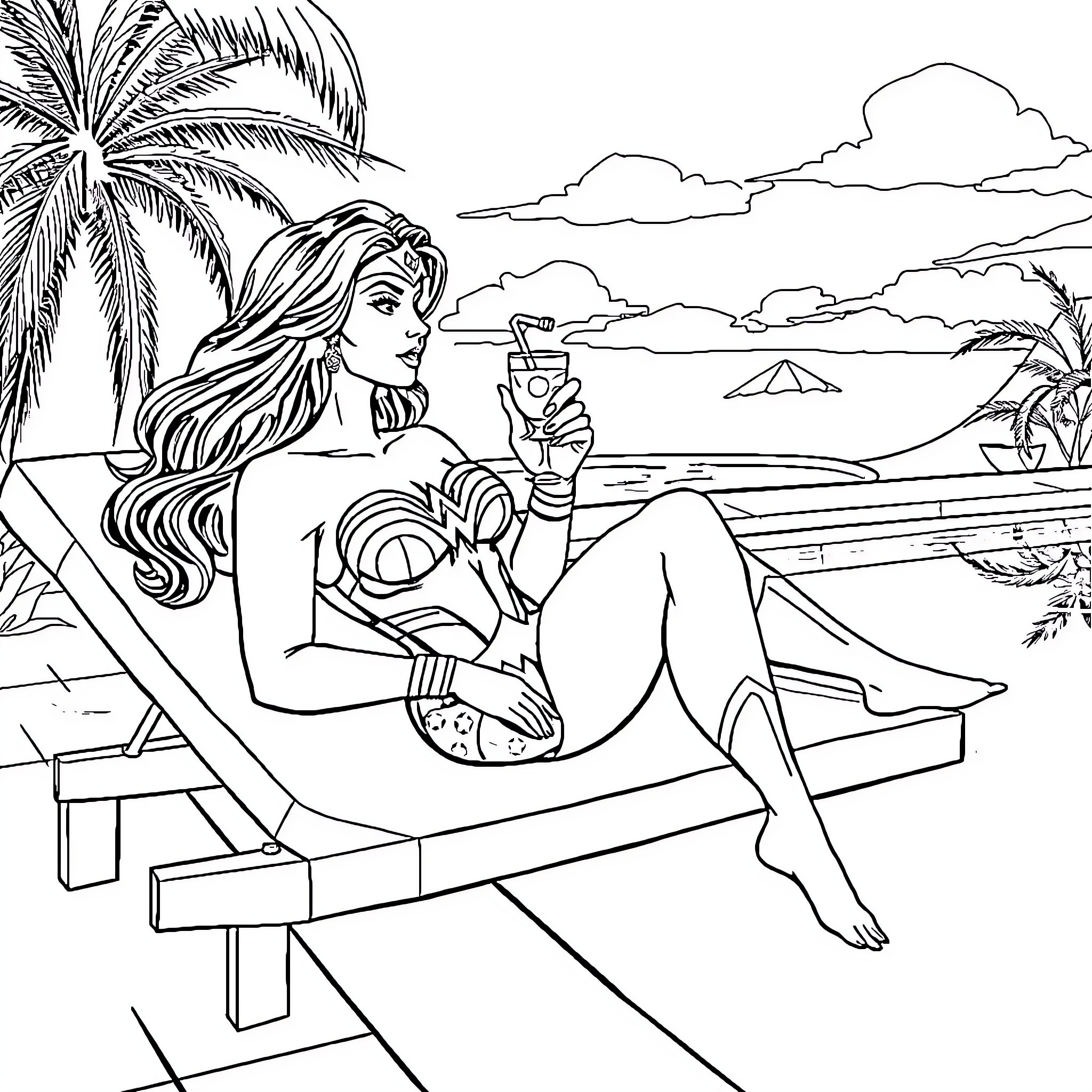 Wonder Woman relaxing on the beach with tropical scenery Coloring Page (free black-and-white line drawing printable PDF for all, from beginners to advanced learners, including children, teens, adults, and seniors)