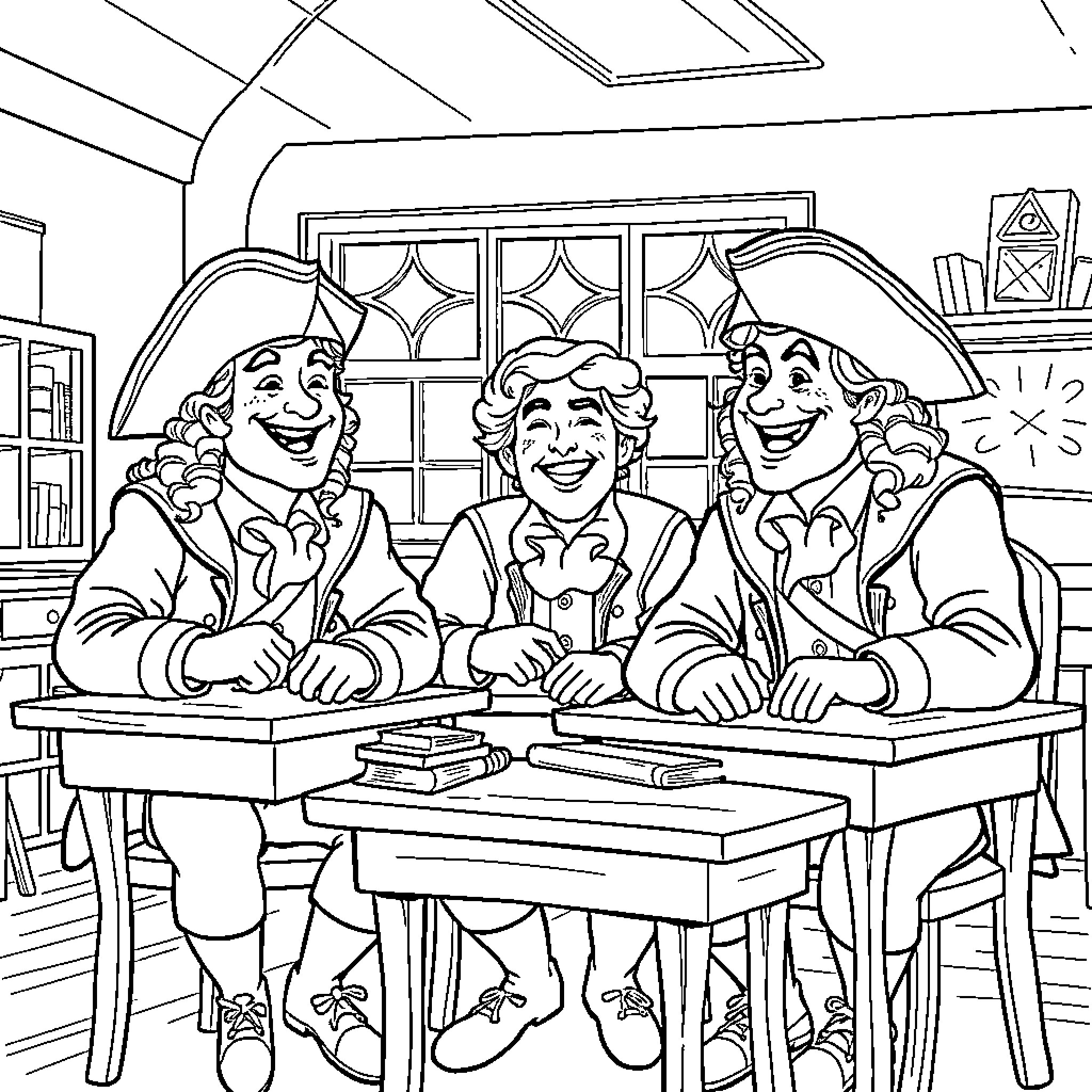Musketeers laughing together in a classroom Coloring Page (free black-and-white line drawing printable PDF for all, from beginners to advanced learners, including children, teens, adults, and seniors)