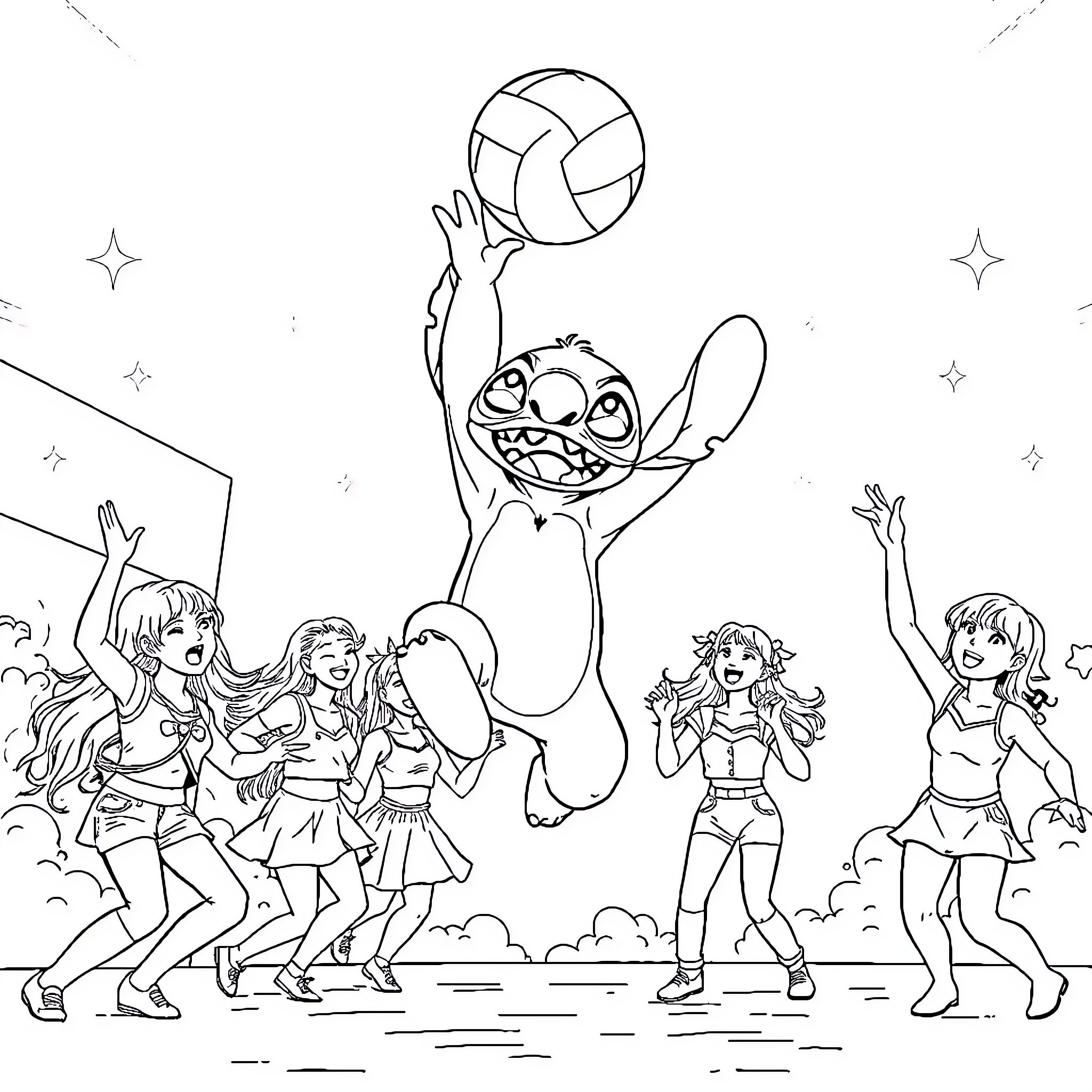 Stitch playing volleyball with a group of cheerleaders Coloring Page (free black-and-white line drawing printable PDF for all, from beginners to advanced learners, including children, teens, adults, and seniors)