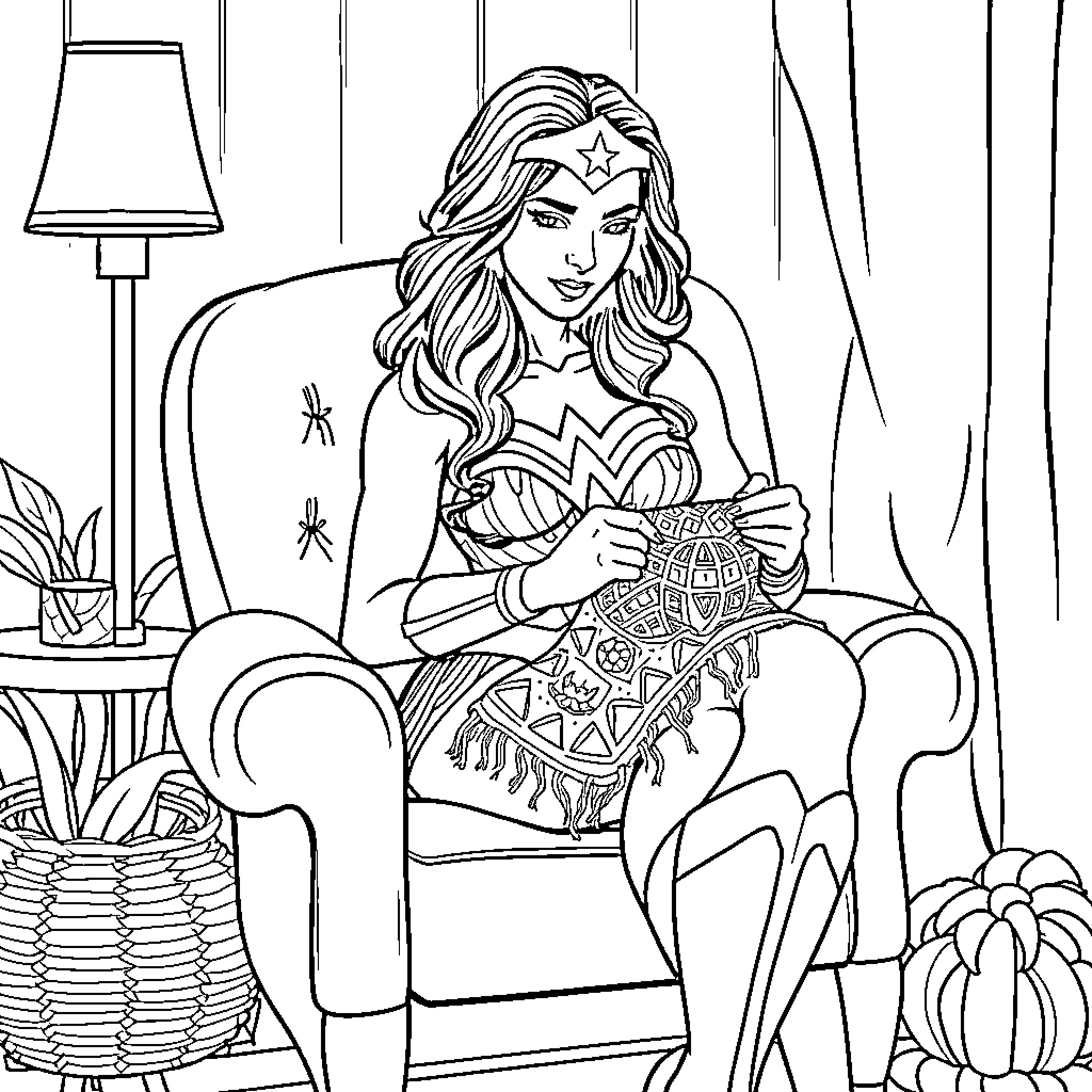 Wonder Woman relaxing in an armchair Coloring Page (free black-and-white line drawing printable PDF for all, from beginners to advanced learners, including children, teens, adults, and seniors)
