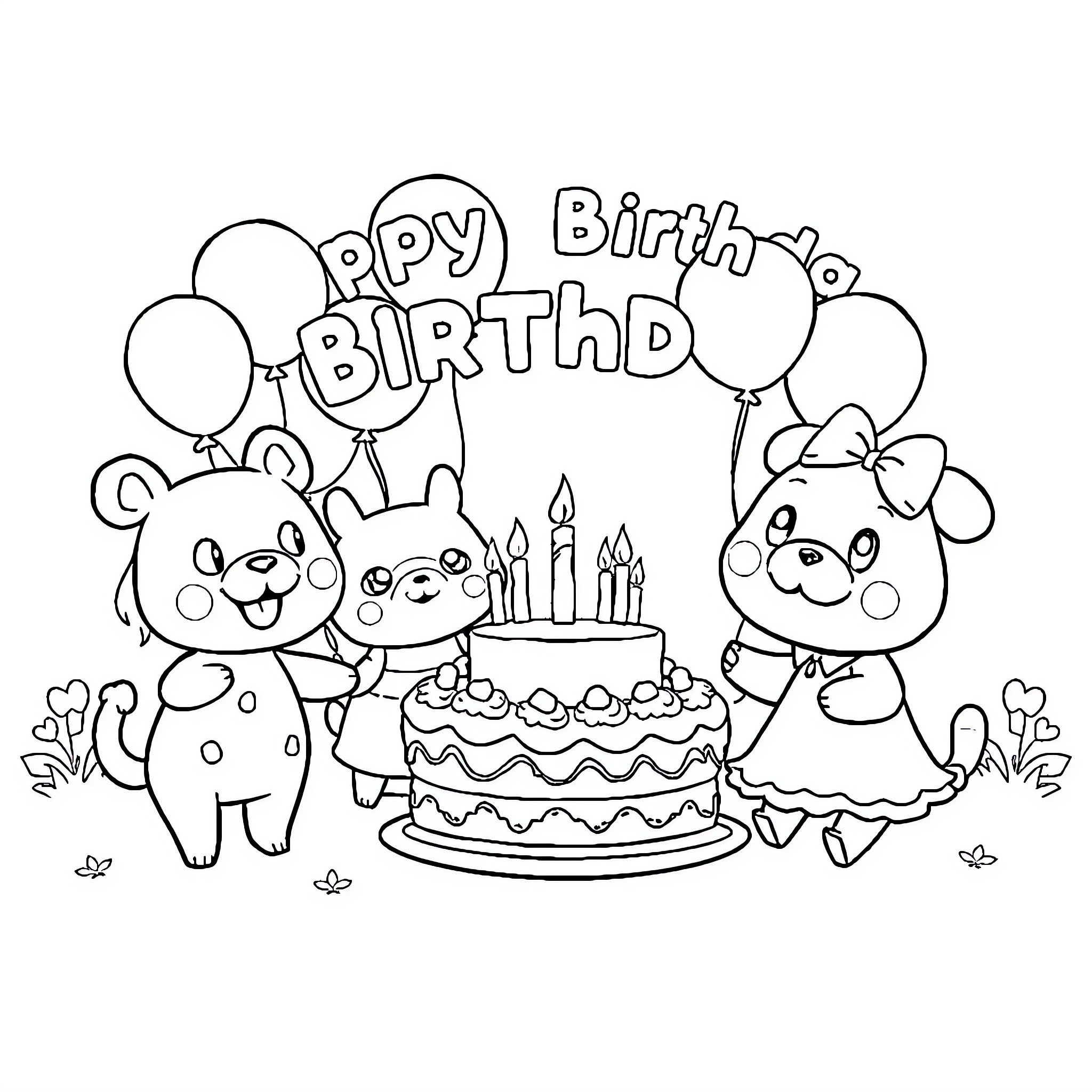 Animal Crossing Characters Celebrating a Birthday Coloring Page (free black-and-white line drawing printable PDF for all, from beginners to advanced learners, including children, teens, adults, and seniors)