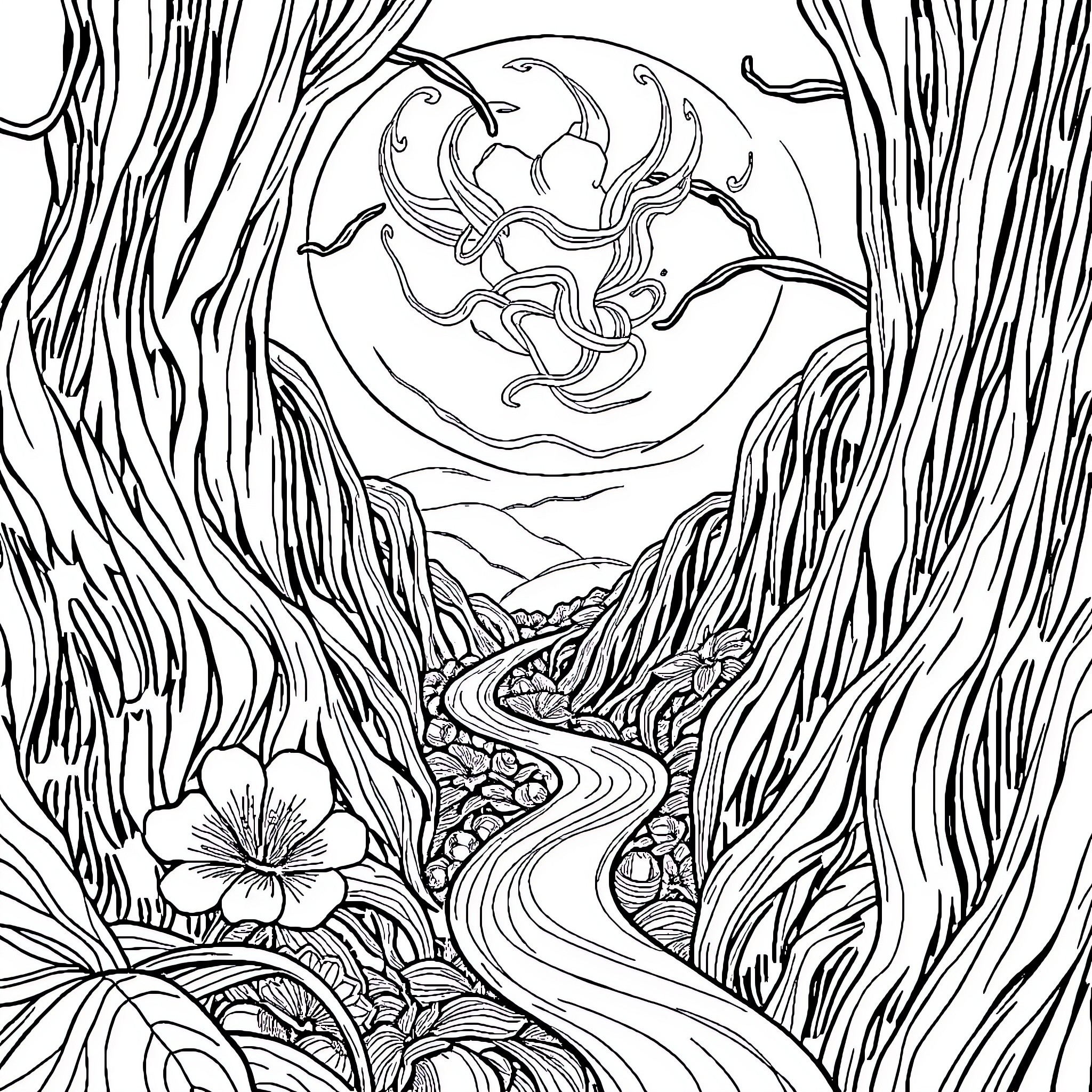 Drawing of a Mystical Moonlit Landscape Coloring Page (free black-and-white line drawing printable PDF for all, from beginners to advanced learners, including children, teens, adults, and seniors)