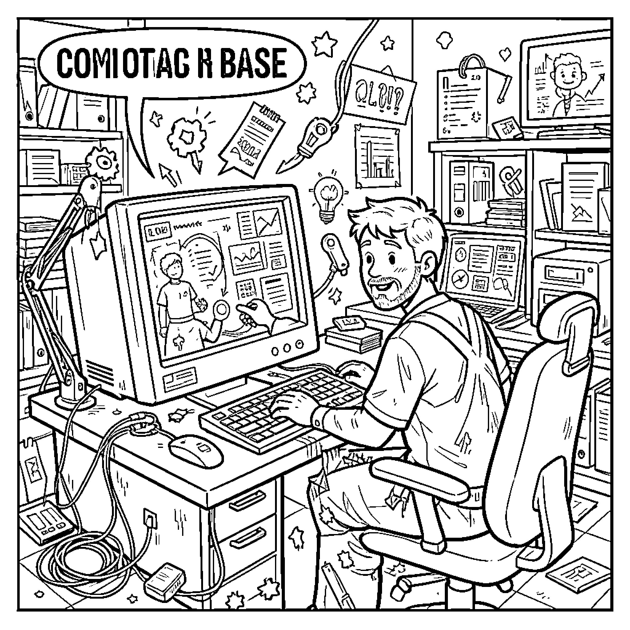 Computer user working intensely at a cluttered desk Coloring Page (free black-and-white line drawing printable PDF for all, from beginners to advanced learners, including children, teens, adults, and seniors)