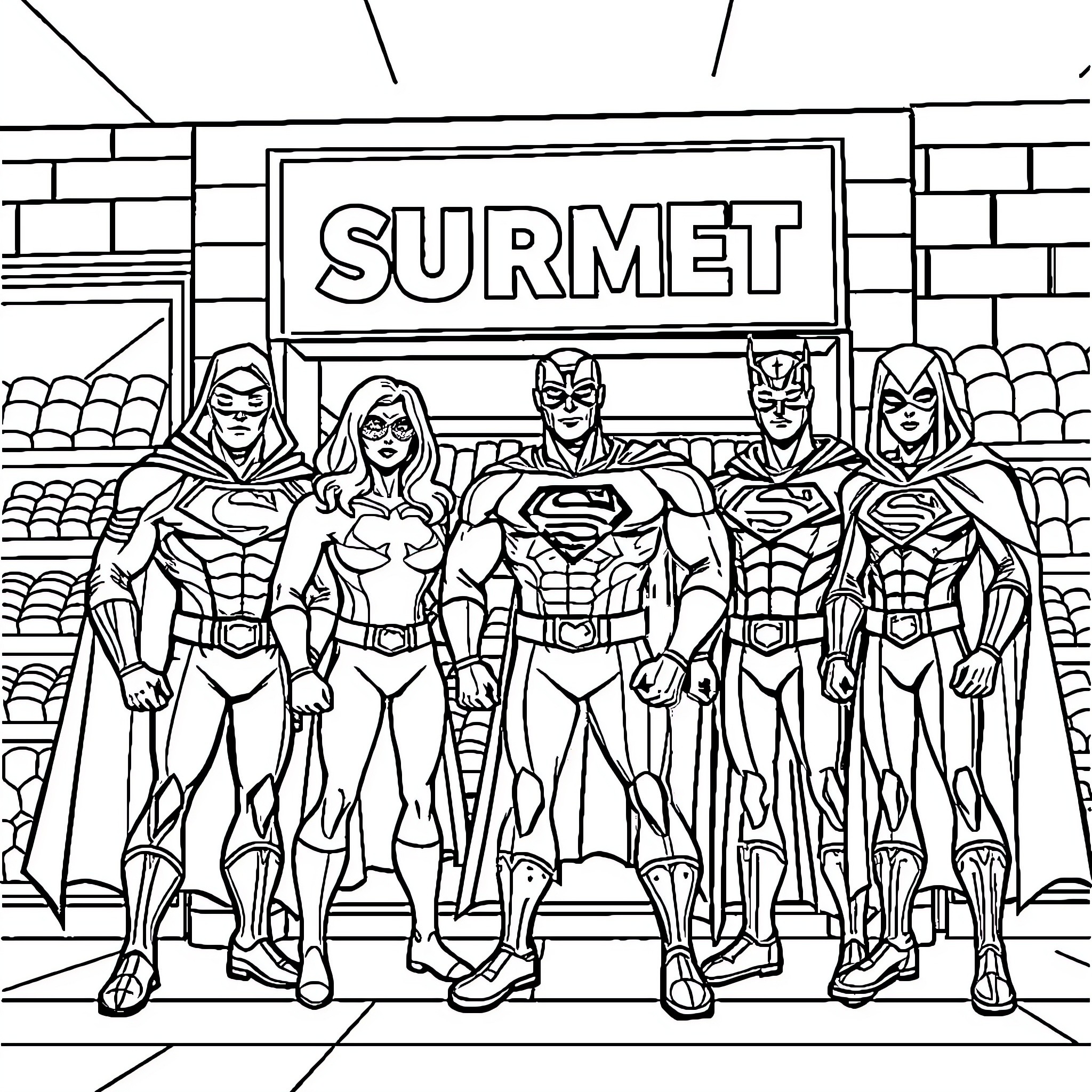 Superhero Team Poses in Front of a Store Coloring Page (free black-and-white line drawing printable PDF for all, from beginners to advanced learners, including children, teens, adults, and seniors)