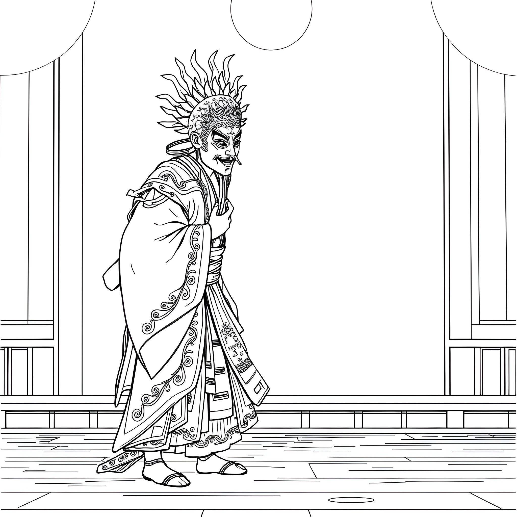 Noh Actor in Ceremonial Attire and Headpiece Coloring Page (free black-and-white line drawing printable PDF for all, from beginners to advanced learners, including children, teens, adults, and seniors)