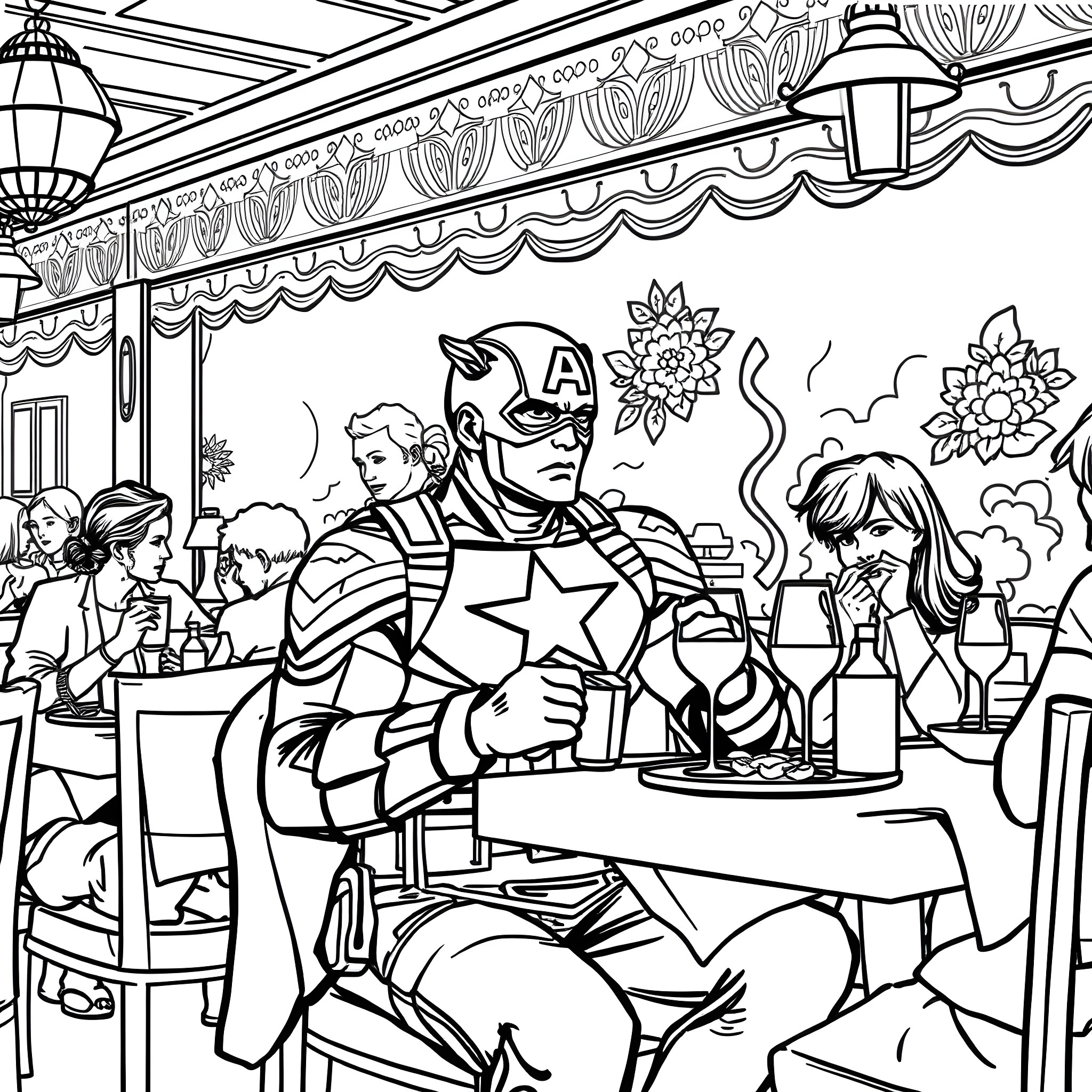 Captain America Enjoying a Meal with Friends in a Festive Setting Coloring Page (free black-and-white line drawing printable PDF for all, from beginners to advanced learners, including children, teens, adults, and seniors)